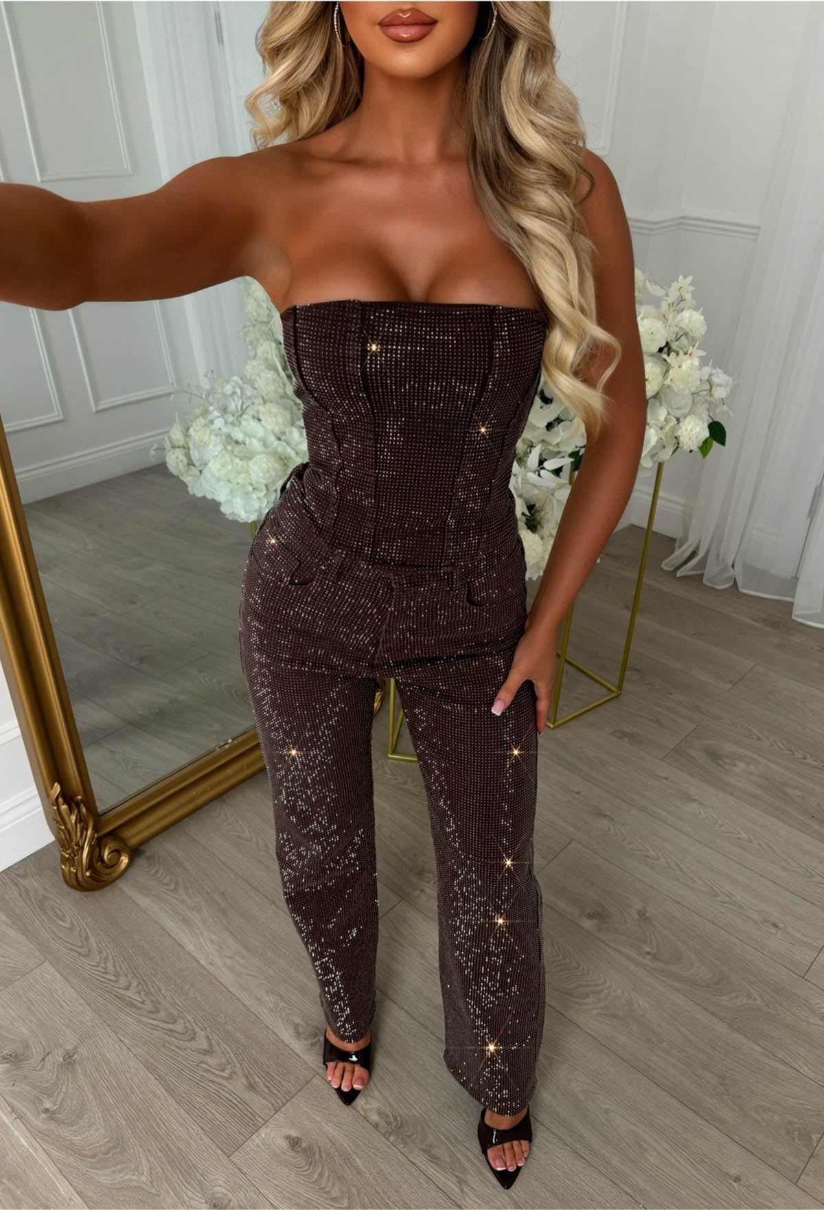 Ultimate Sparkle Brown Straight Leg Stretch Diamante Jeans - Image 4