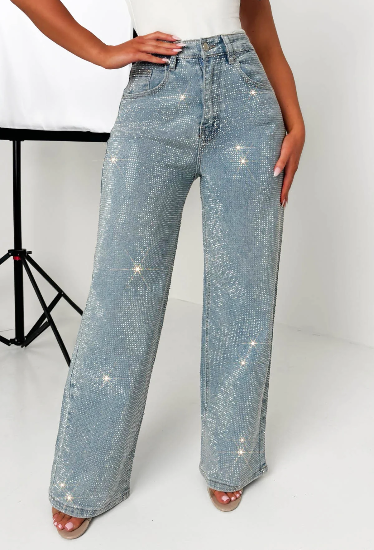 Ultimate Sparkle Mid Blue Straight Leg Stretch Diamante Jeans - Image 2