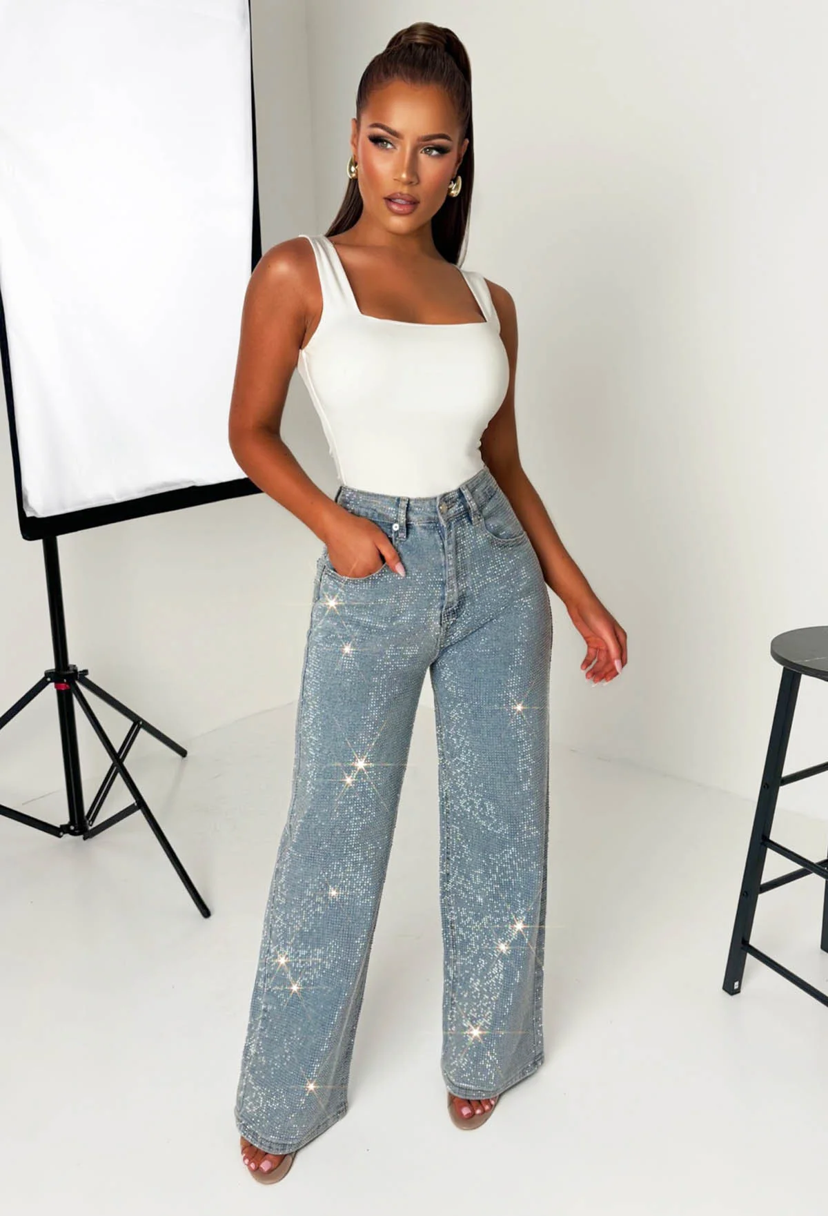 Ultimate Sparkle Mid Blue Straight Leg Stretch Diamante Jeans - Image 3