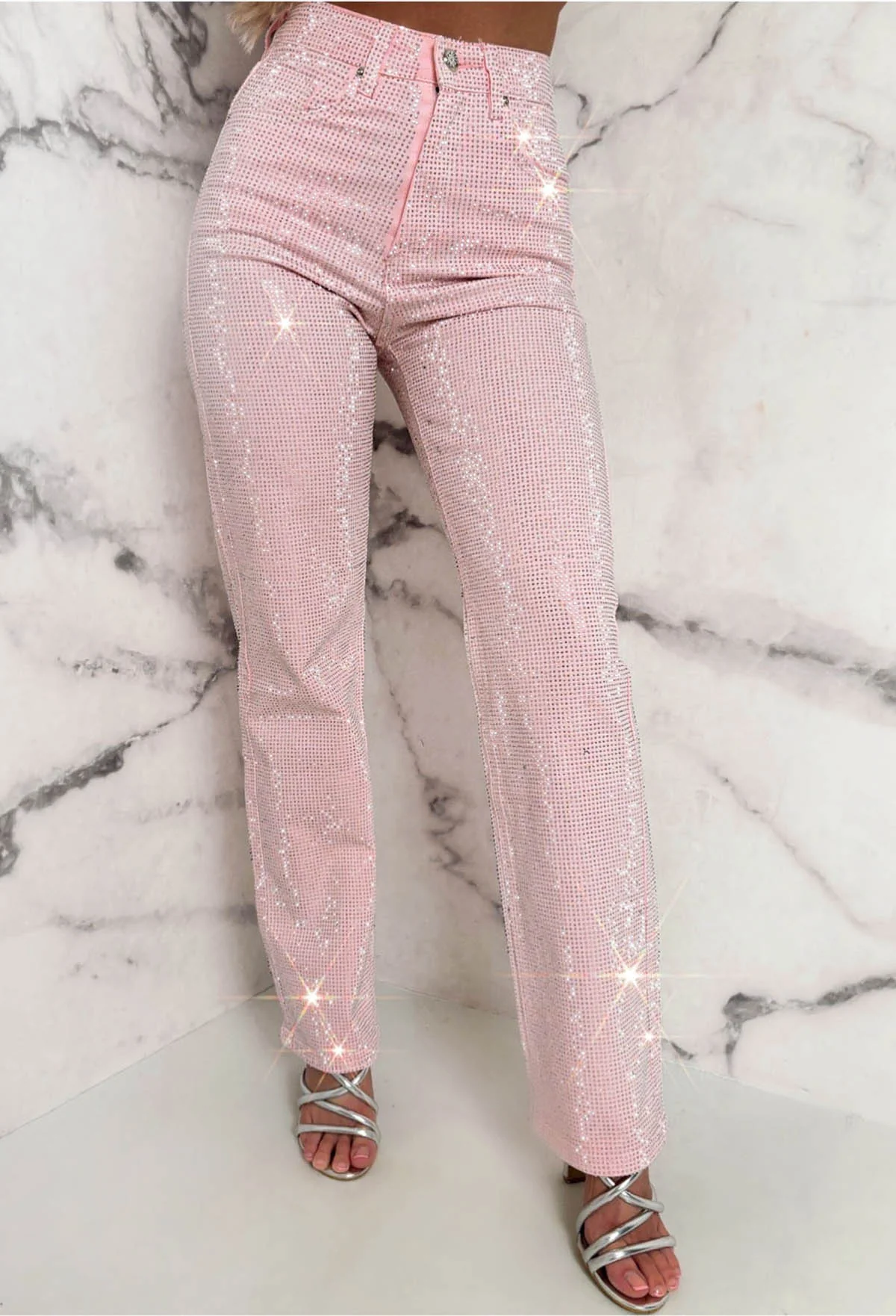 Ultimate Sparkle Pink Straight Leg Stretch Diamante Jeans - Image 4