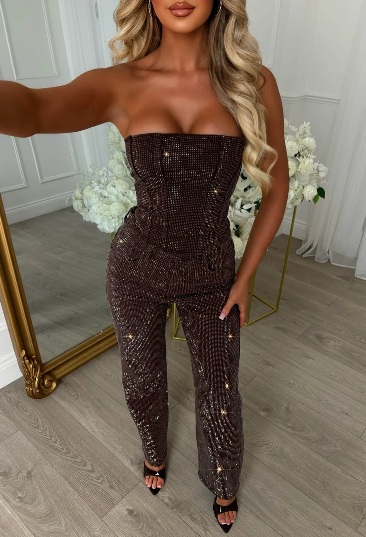 Ultimately Yours Brown Stretch Diamante Bandeau Denim Top - Image 3