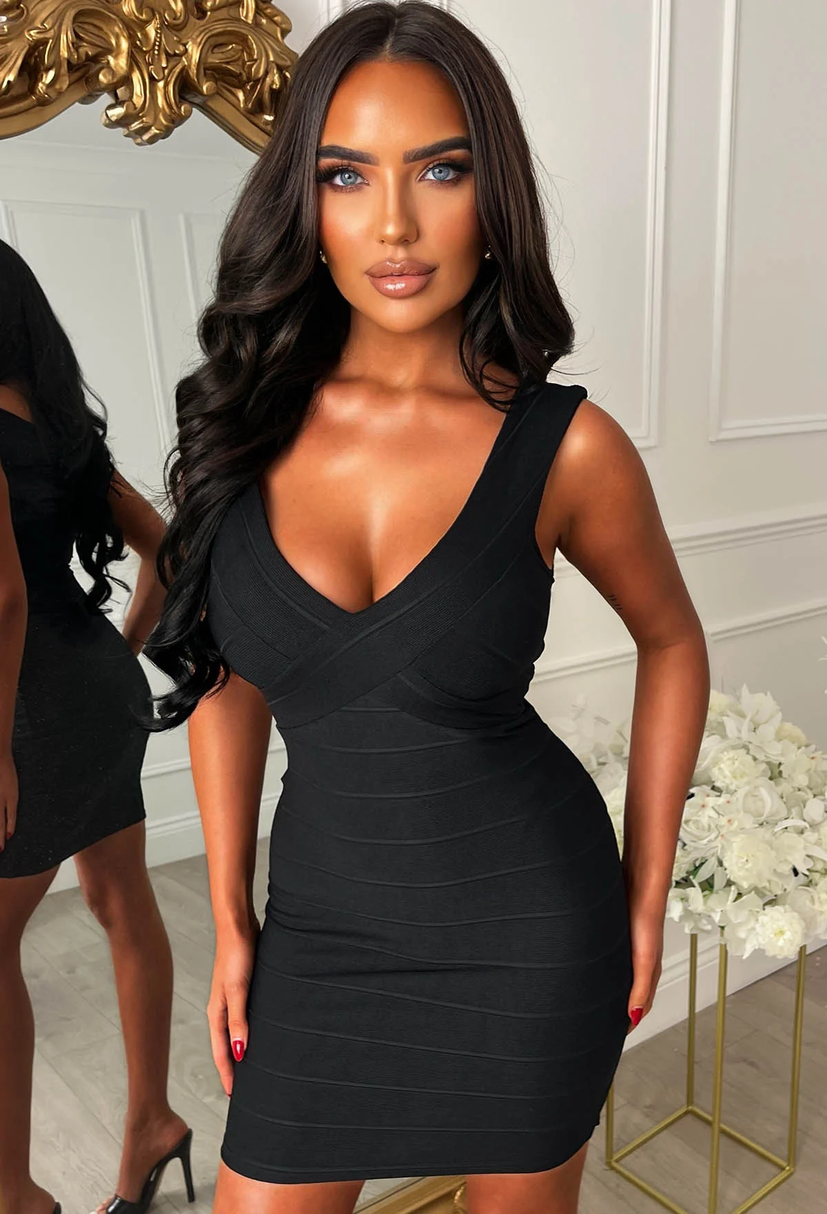 Undeniable Black Jersey Ribbed Bandage Effect Bodycon Dress - Image 2