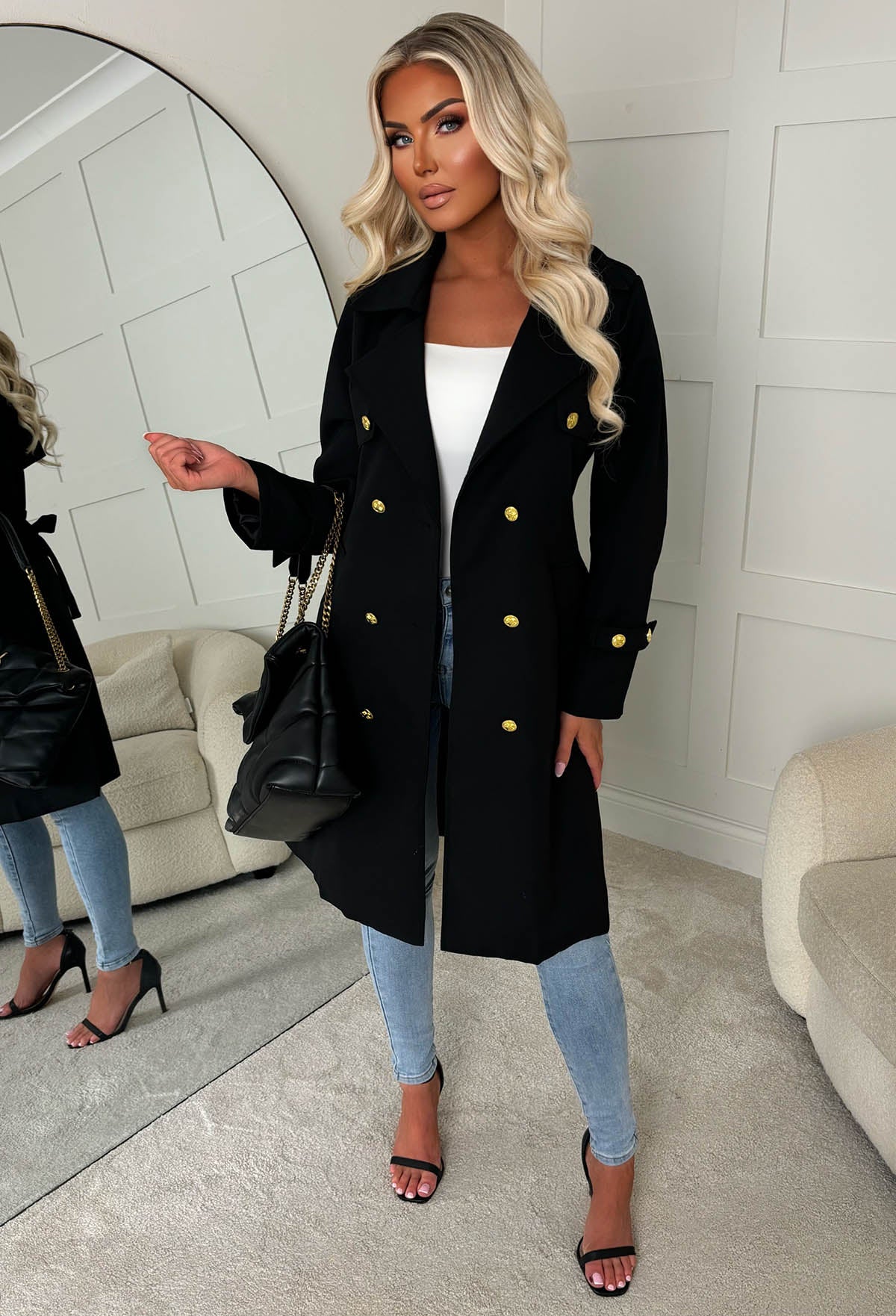 Undercover Chic Black Gold Button Trench Coat