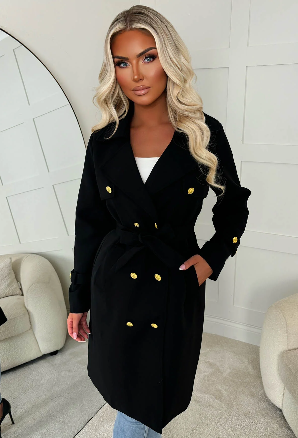 Undercover Chic Black Gold Button Trench Coat - Image 2