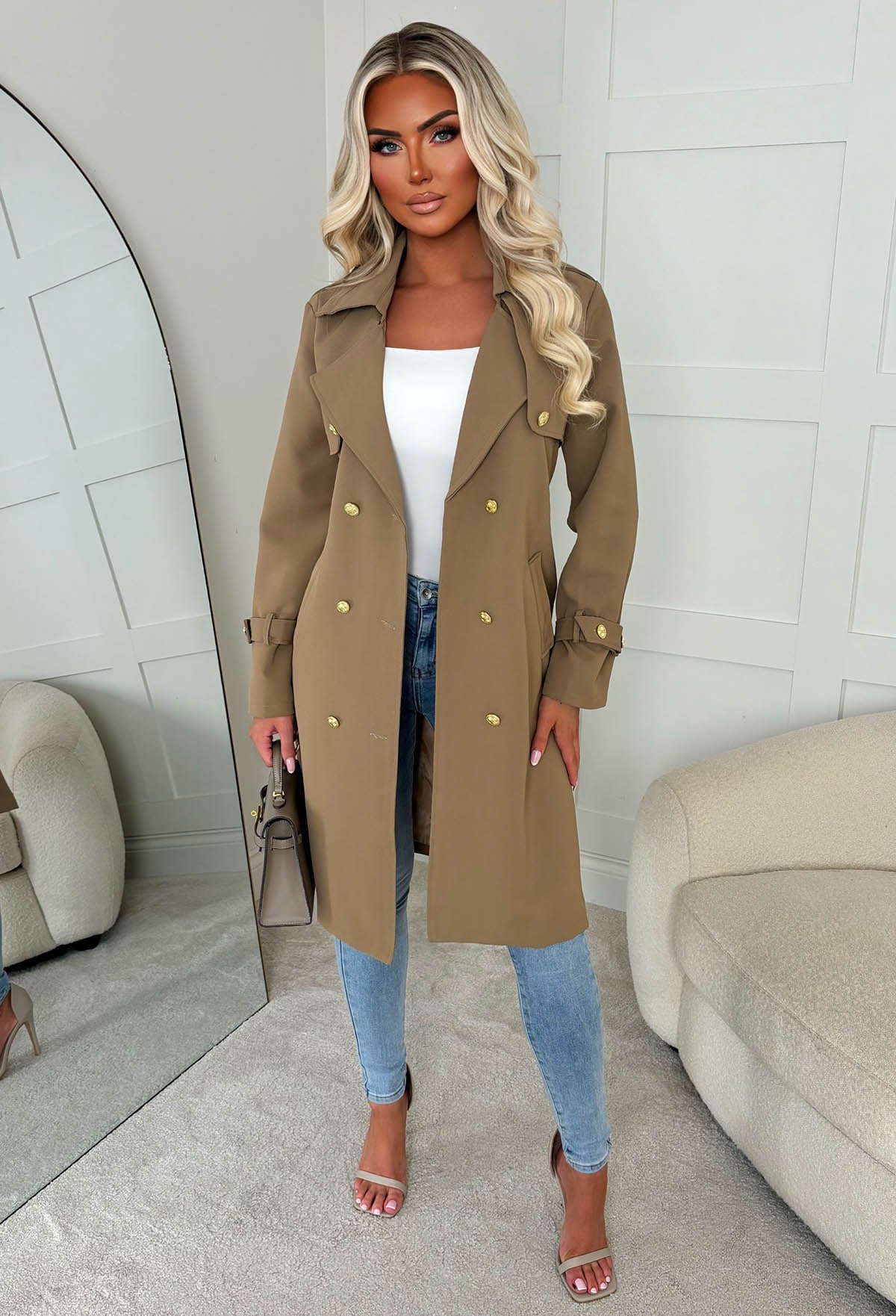 Undercover Chic Camel Gold Button Trench Coat - Image 2