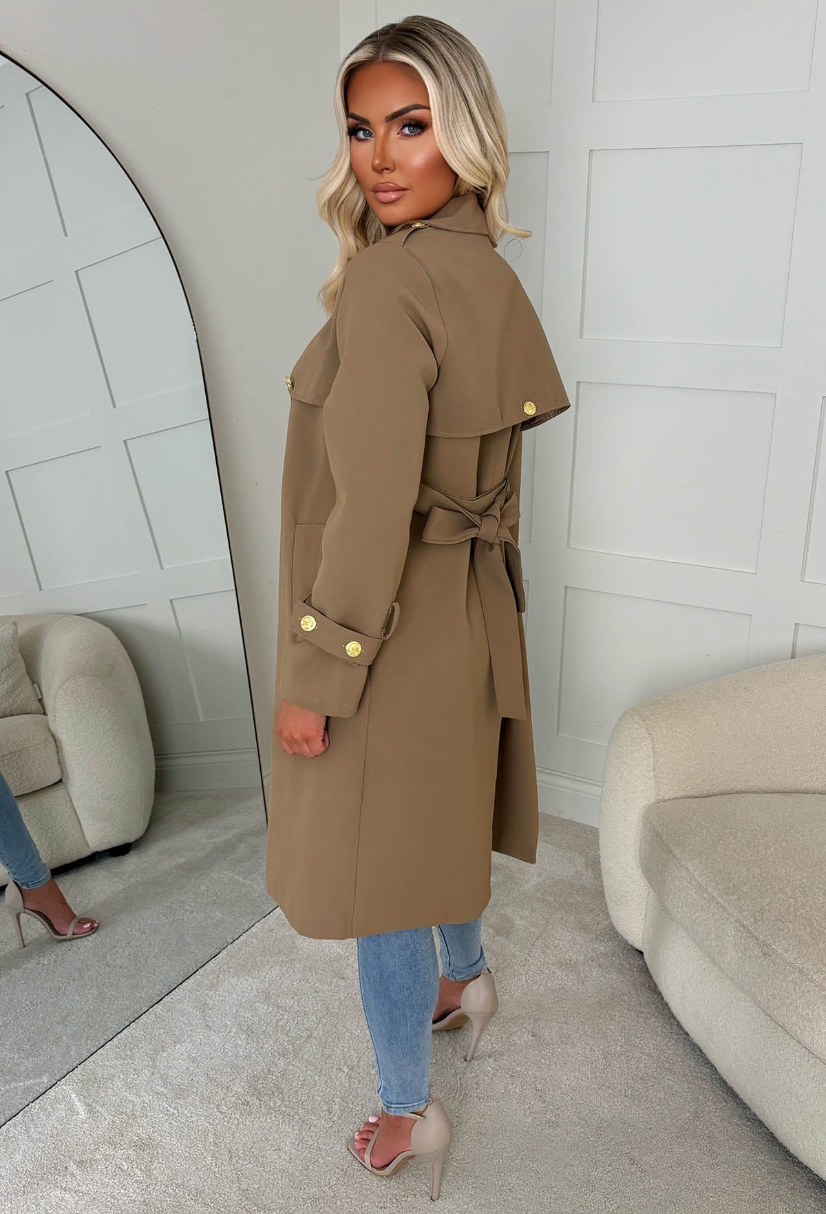 Undercover Chic Camel Gold Button Trench Coat - Image 5