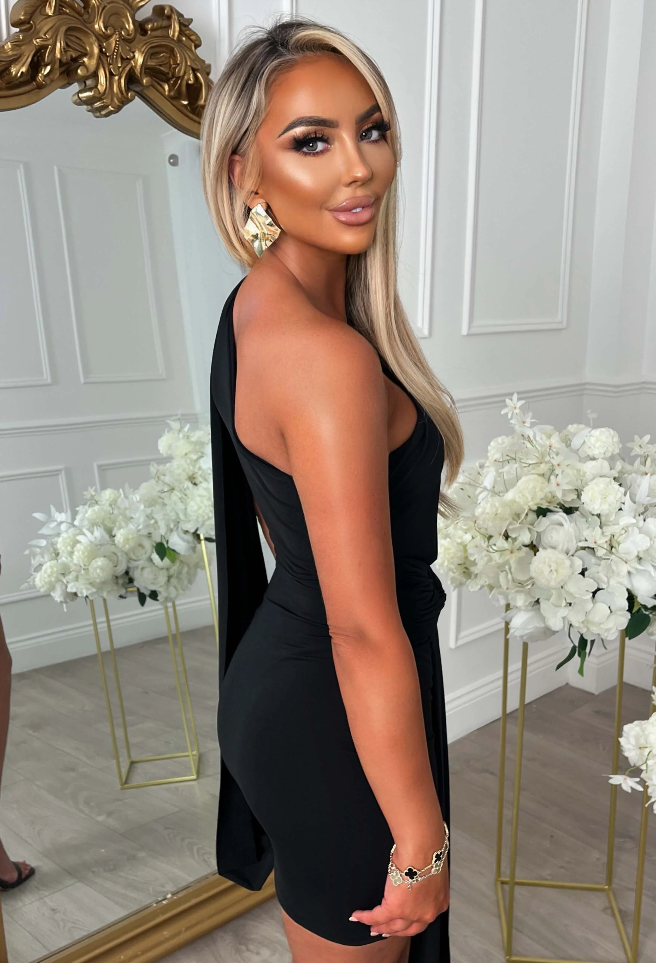 Utterly Obsessed Black Drape Front One Sleeve Mini Dress - Image 2