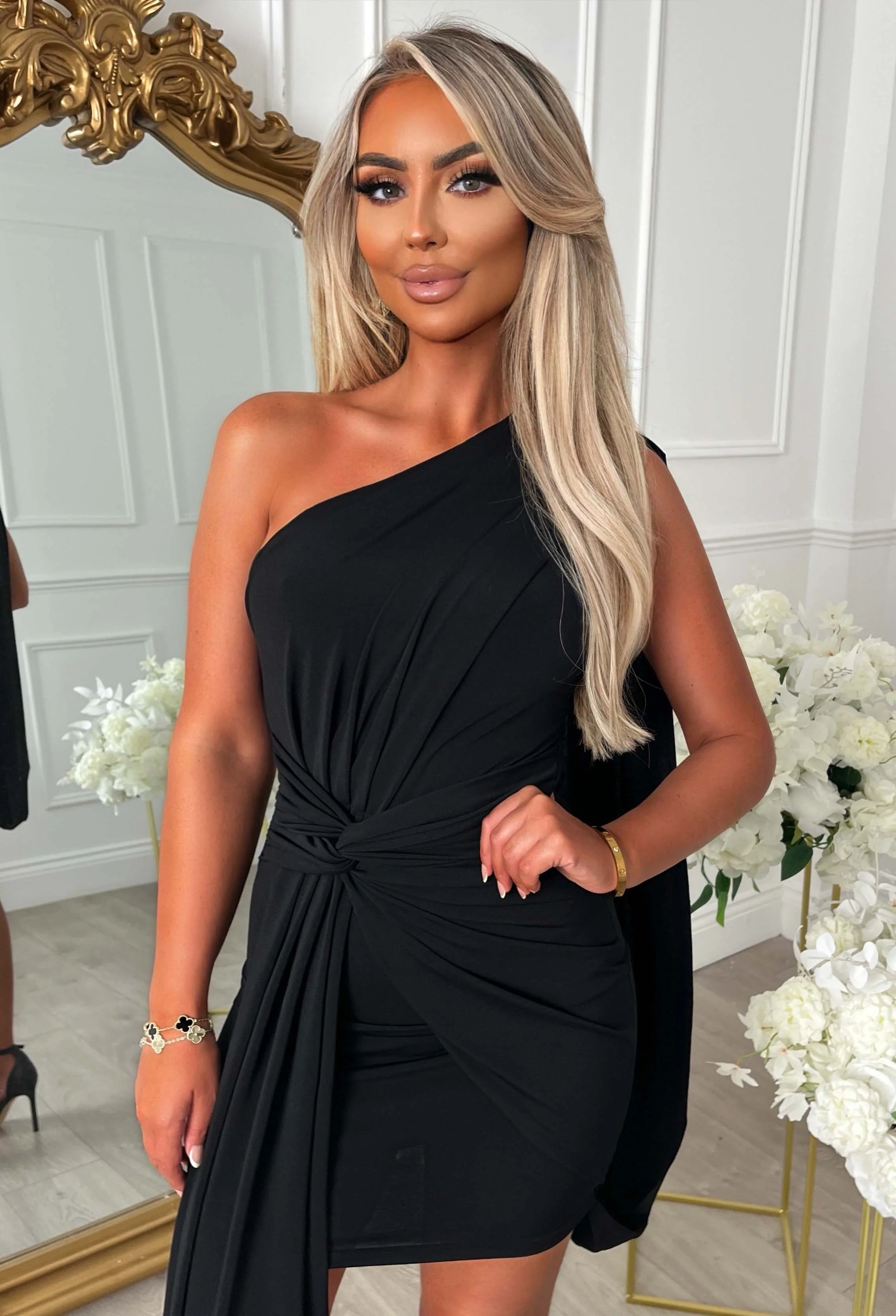 Utterly Obsessed Black Drape Front One Sleeve Mini Dress - Image 3
