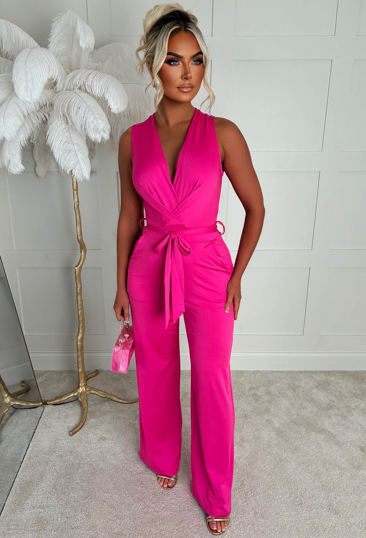 Vacay Tease Fuchsia Cross Front Belted Jumpsuit