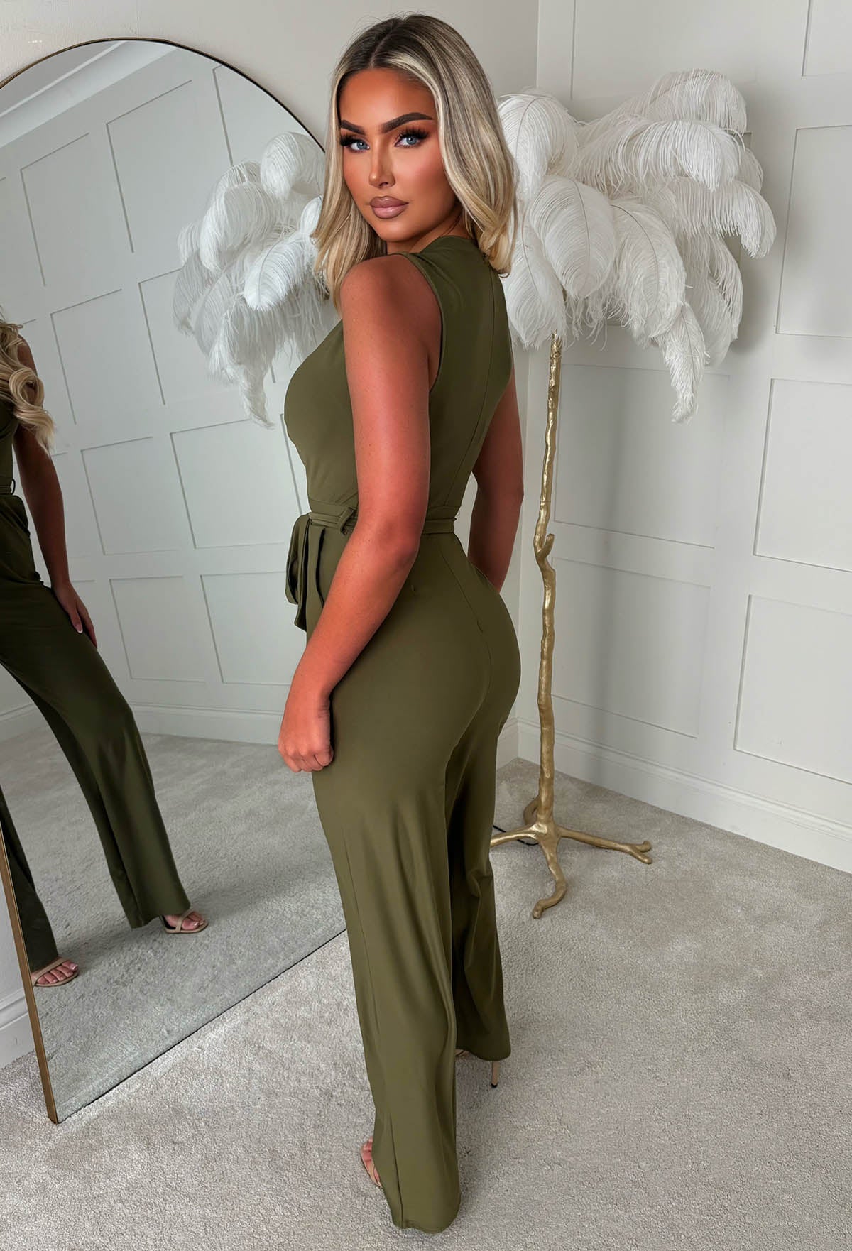 Vacay Tease Khaki Cross Front Belted Jumpsuit - Image 2