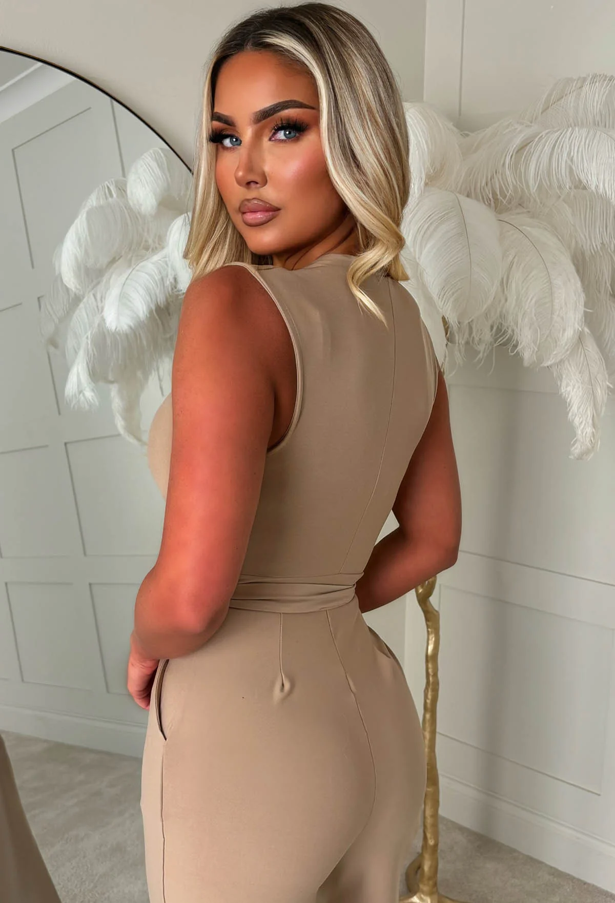 Vacay Tease Taupe Cross Front Belted Jumpsuit - Image 4