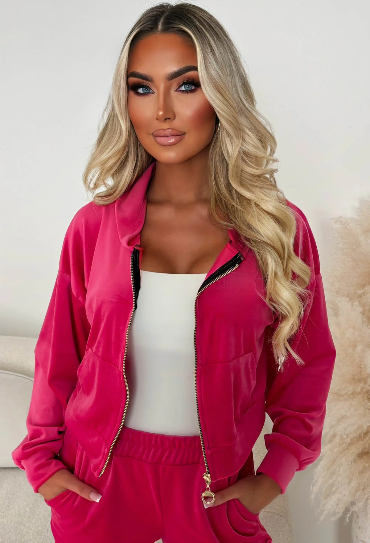 Velour Bliss Hot Pink Zip Up Lounge Co-Ord Set - Image 7