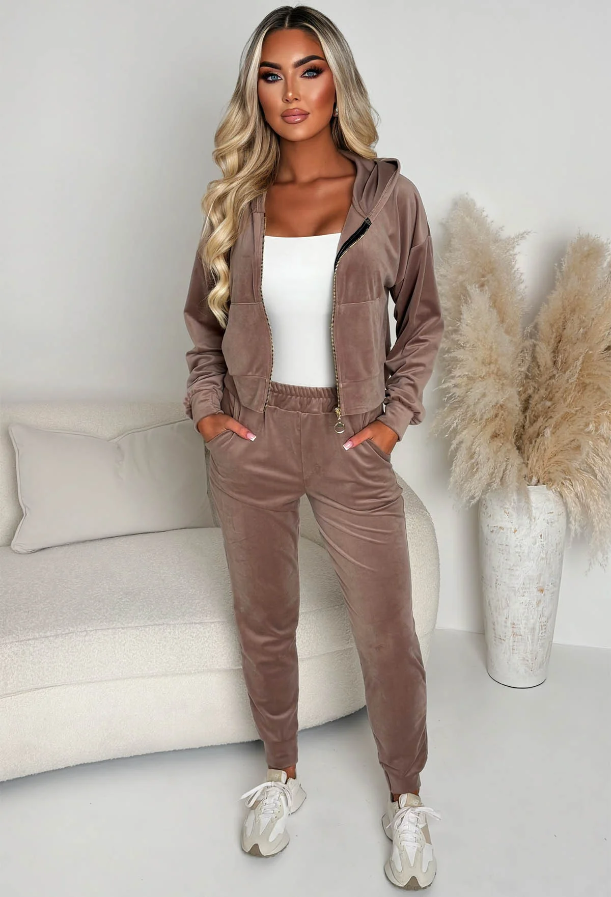 Velour Bliss Mocha Zip Up Lounge Co-Ord Set - Image 3