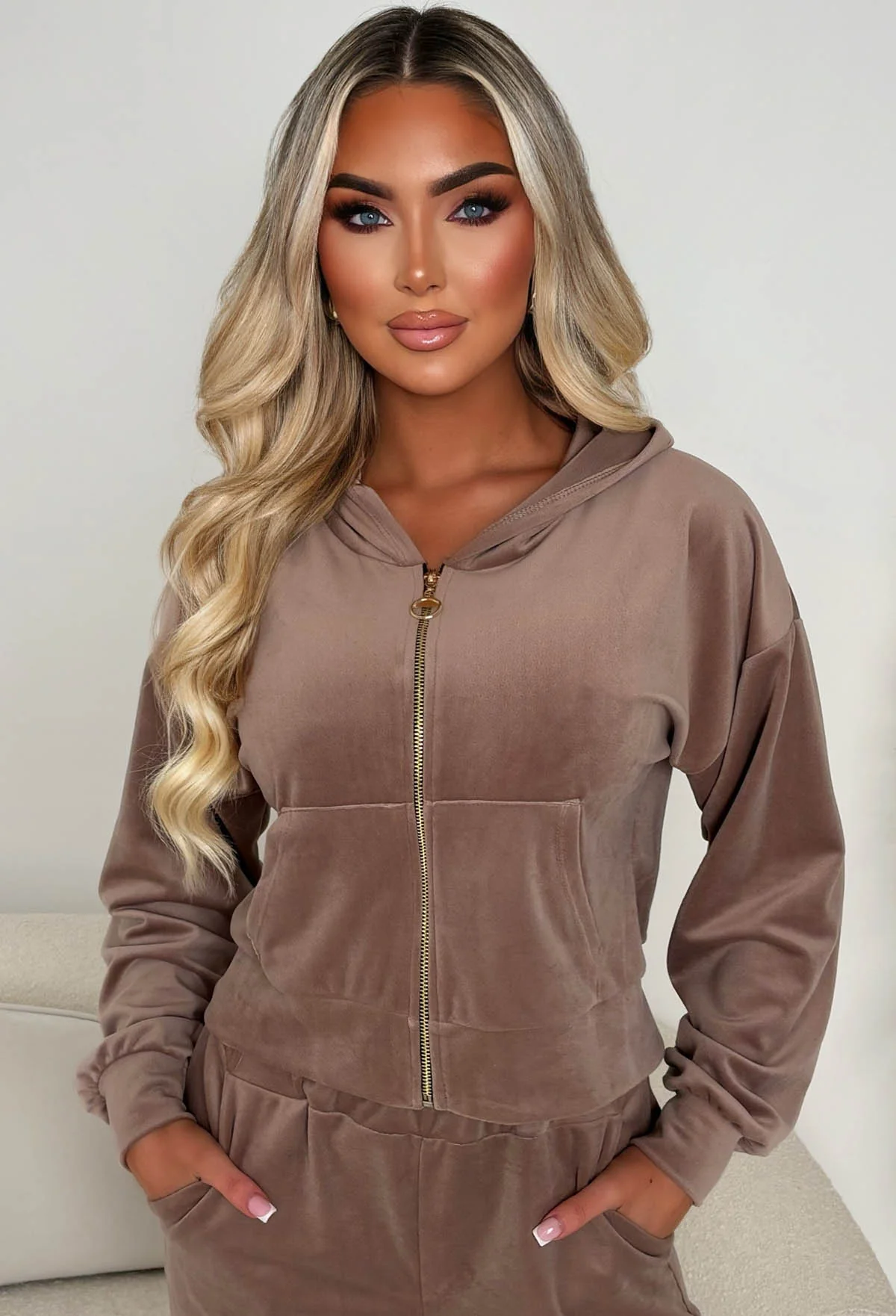 Velour Bliss Mocha Zip Up Lounge Co-Ord Set - Image 4