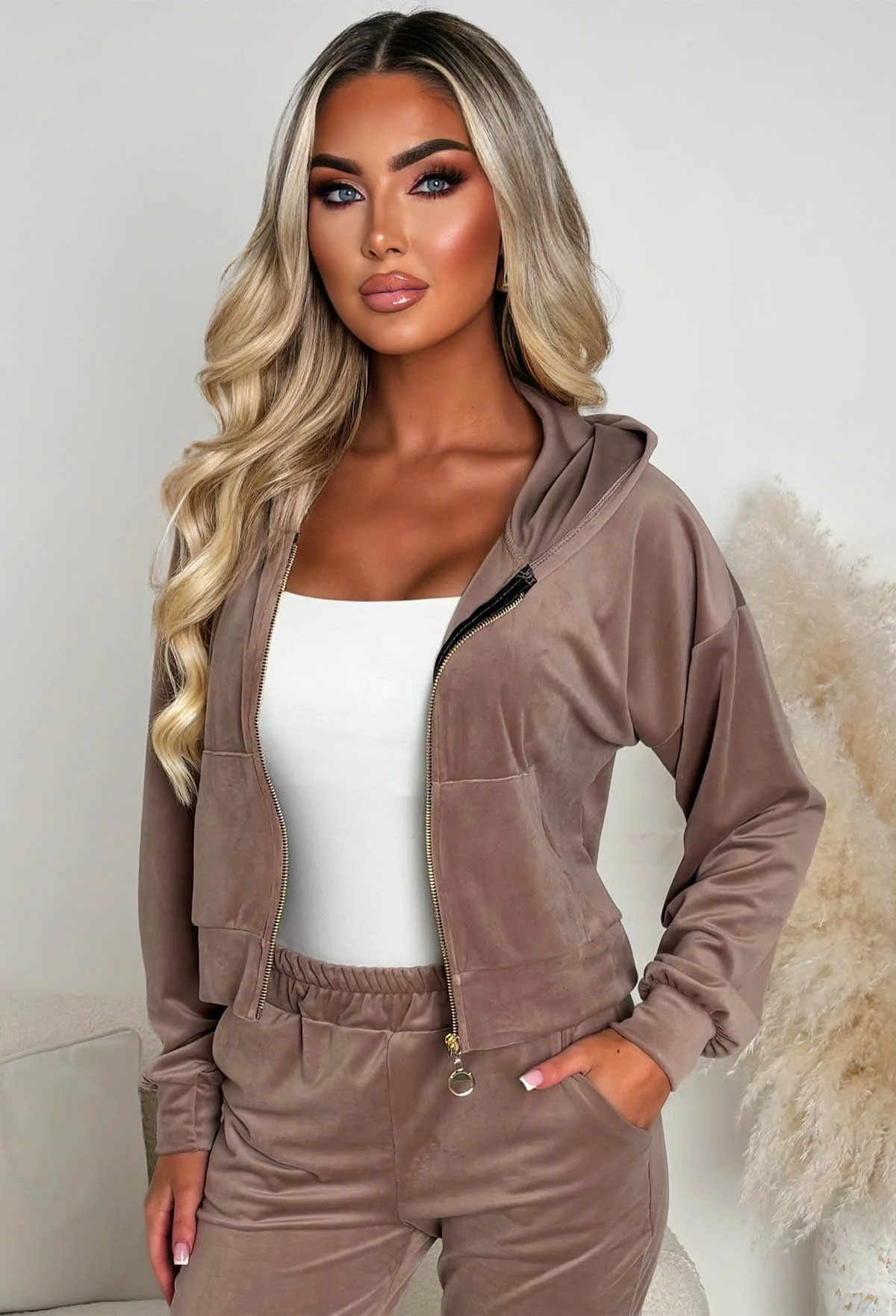 Velour Bliss Mocha Zip Up Lounge Co-Ord Set - Image 6