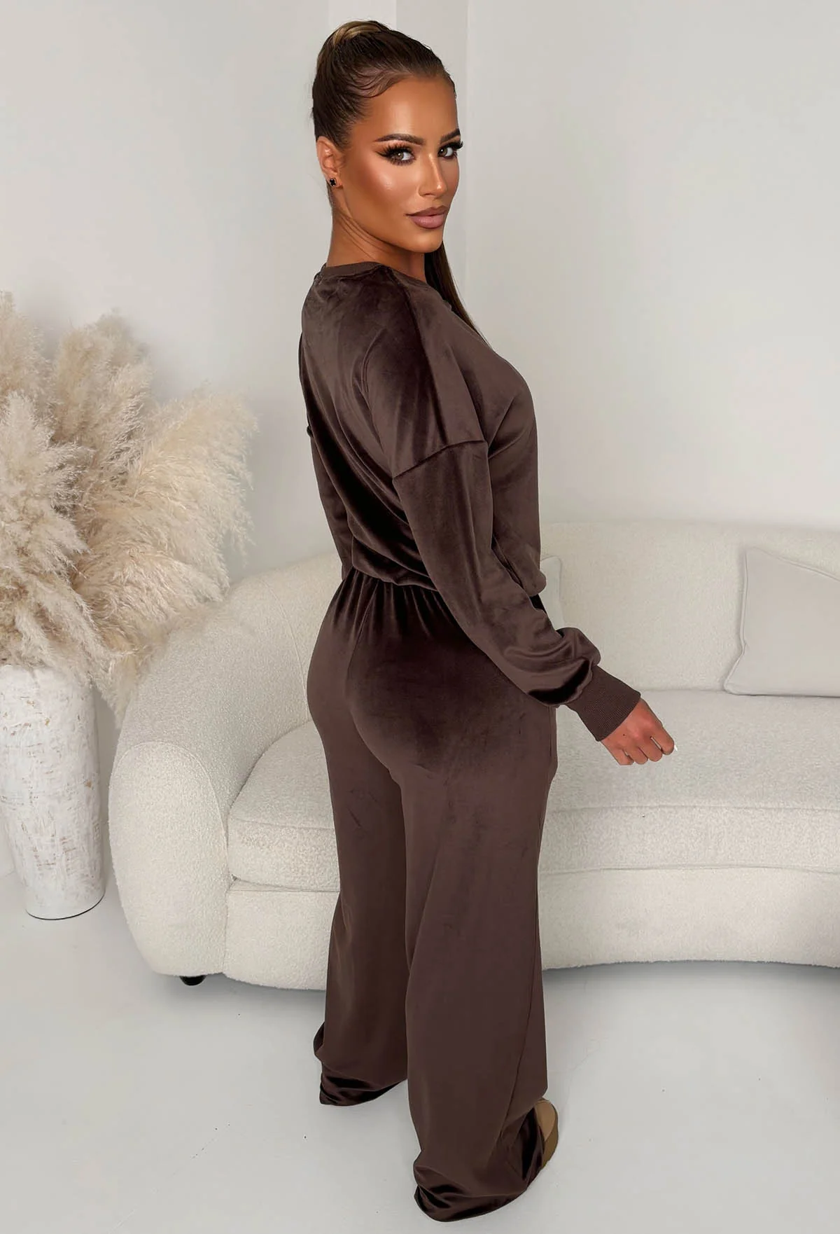 Velour Vibing Chocolate Brown Paris Embroidered Velour Lounge Co-Ord Set - Image 2