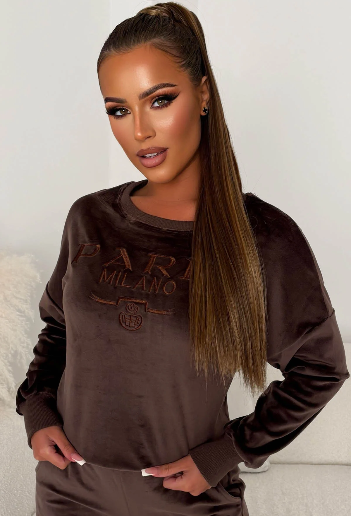 Velour Vibing Chocolate Brown Paris Embroidered Velour Lounge Co-Ord Set - Image 3