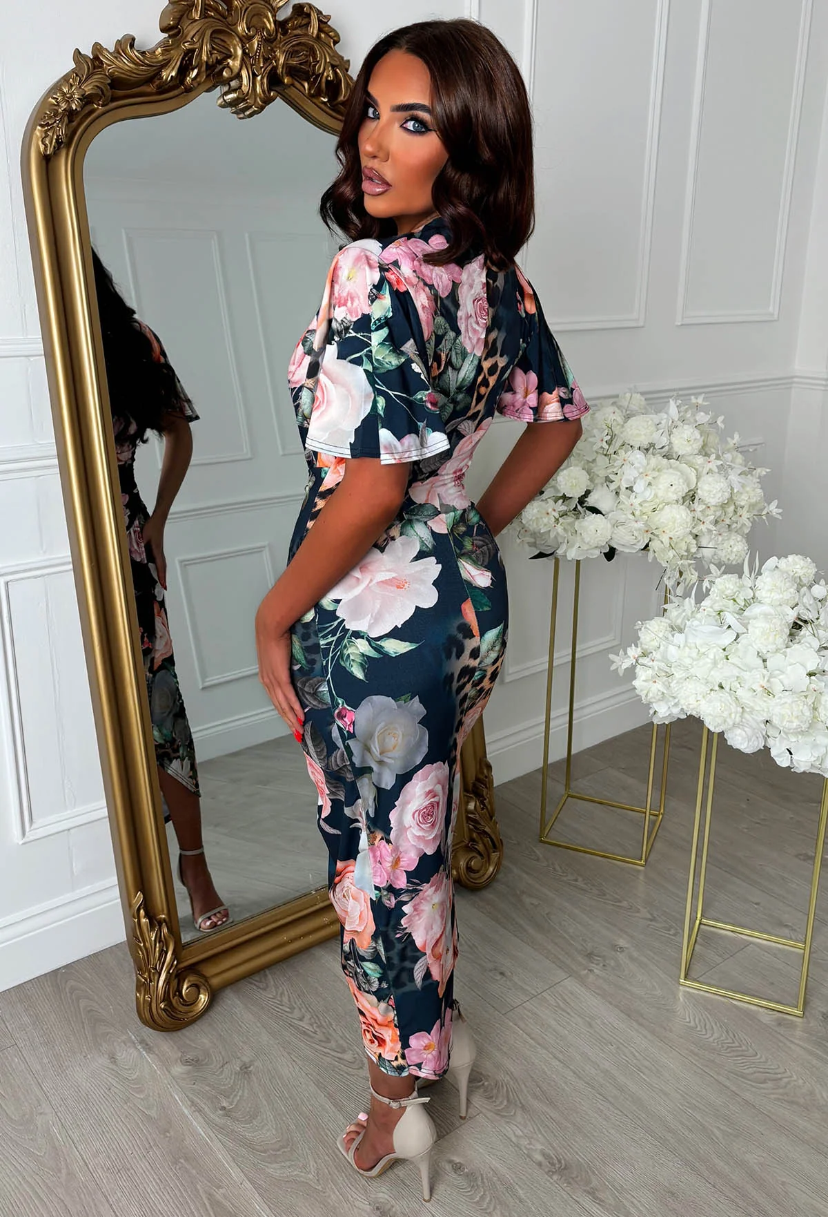 Venus Vibes Multi Floral Animal Print Ruched Midi Dress - Image 2