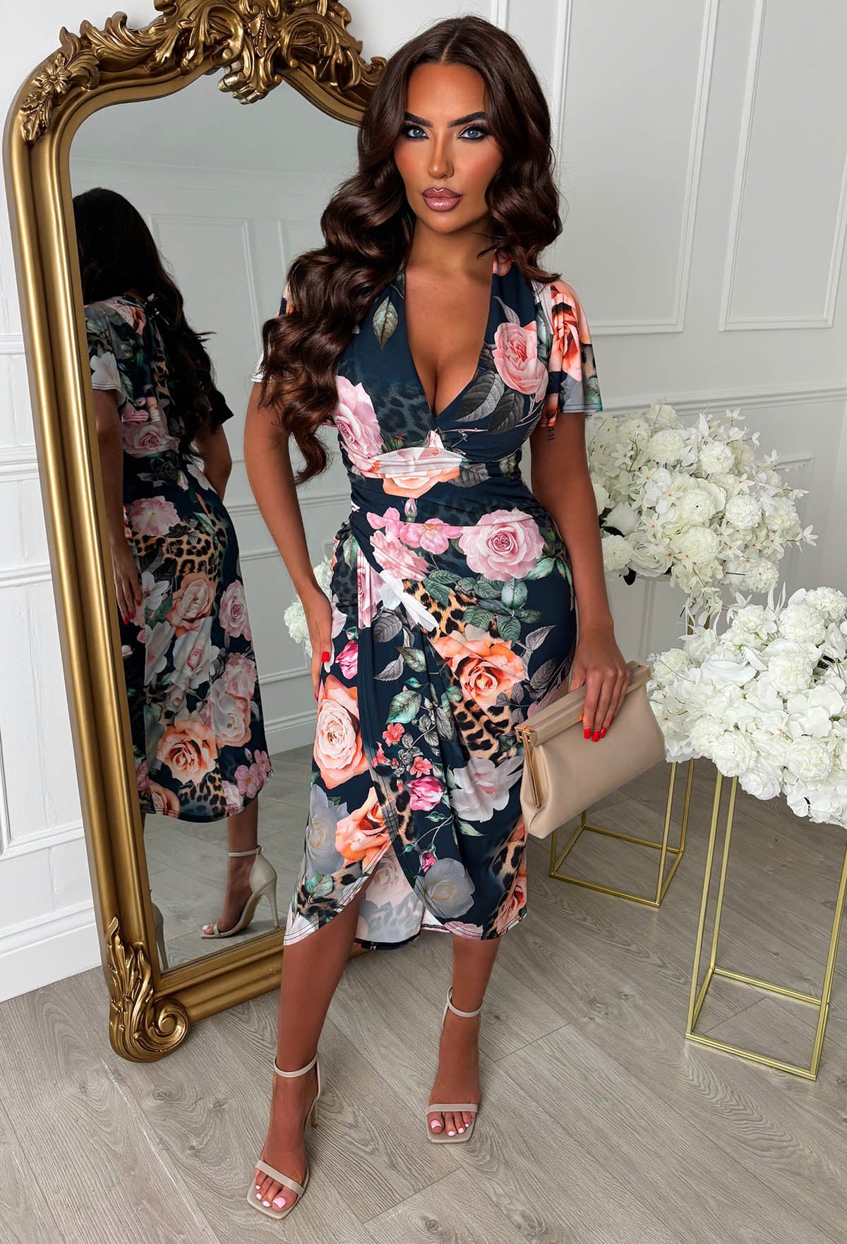 Venus Vibes Multi Floral Animal Print Ruched Midi Dress - Image 4