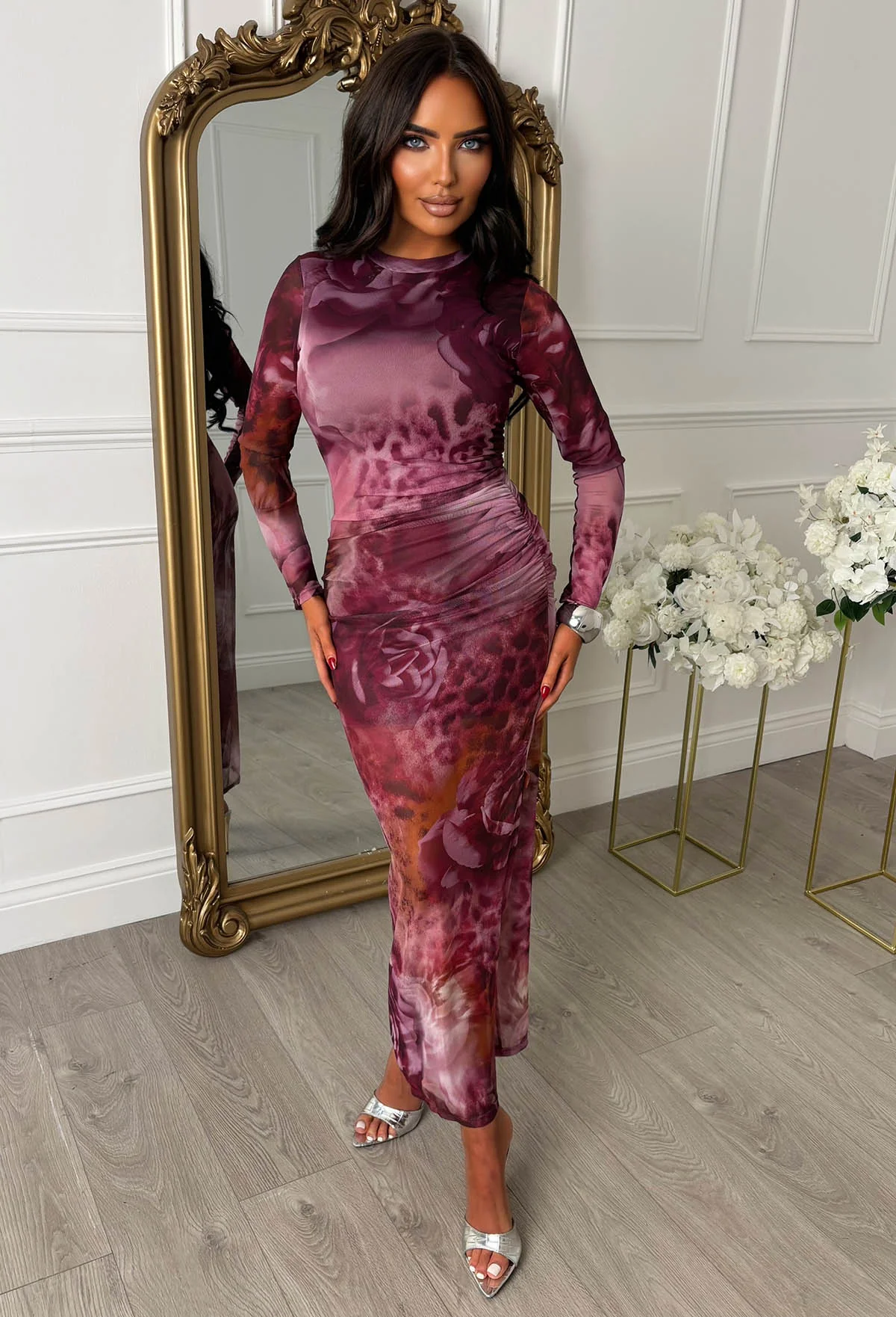 Venus Vibes Purple Rose Animal Print Ruched Long Sleeve Midi Dress - Image 3
