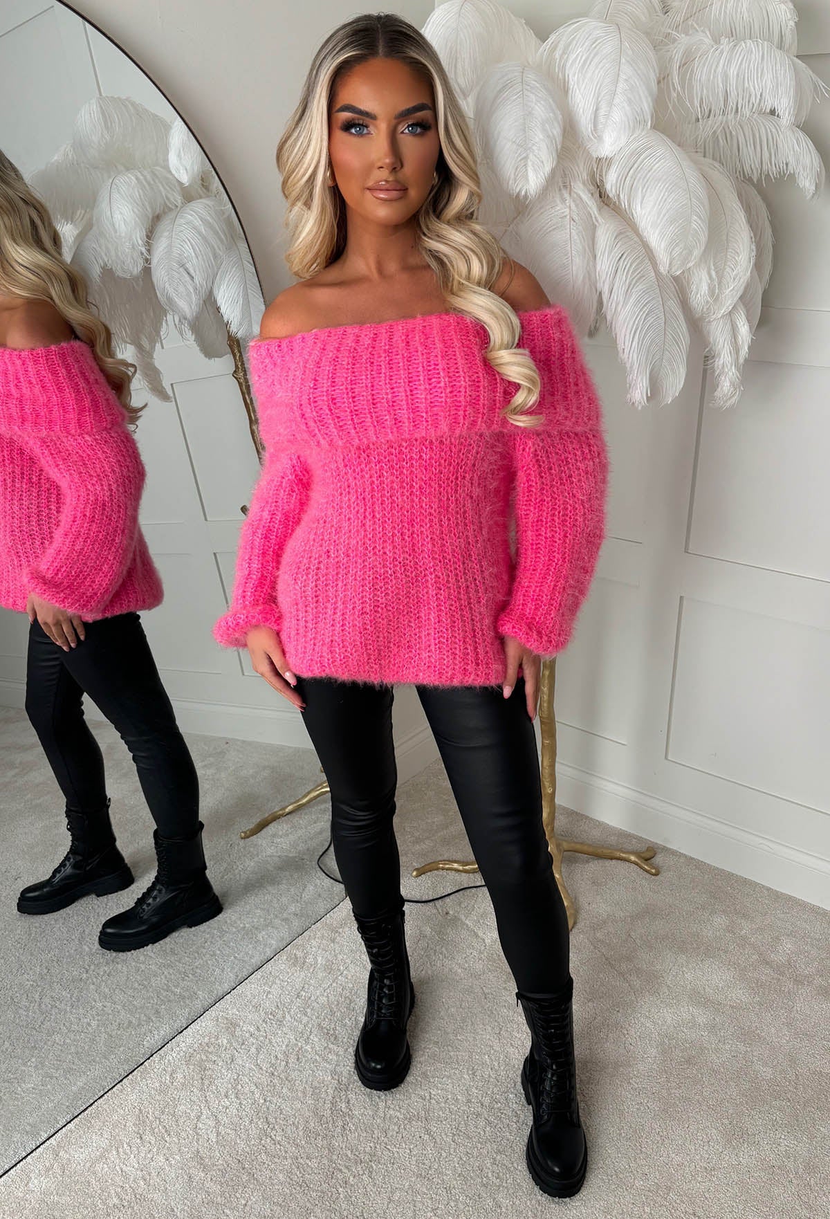 Very Cutesy Pink Ultra Soft Off The Shoulder Jumper - Image 3