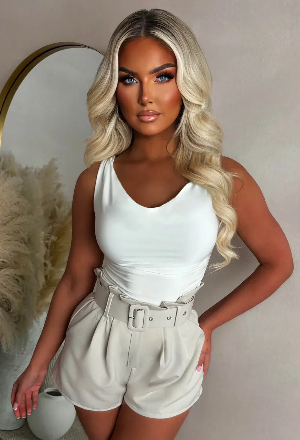 Vibe With Me Nude Frill Top Belted Shorts - Image 4