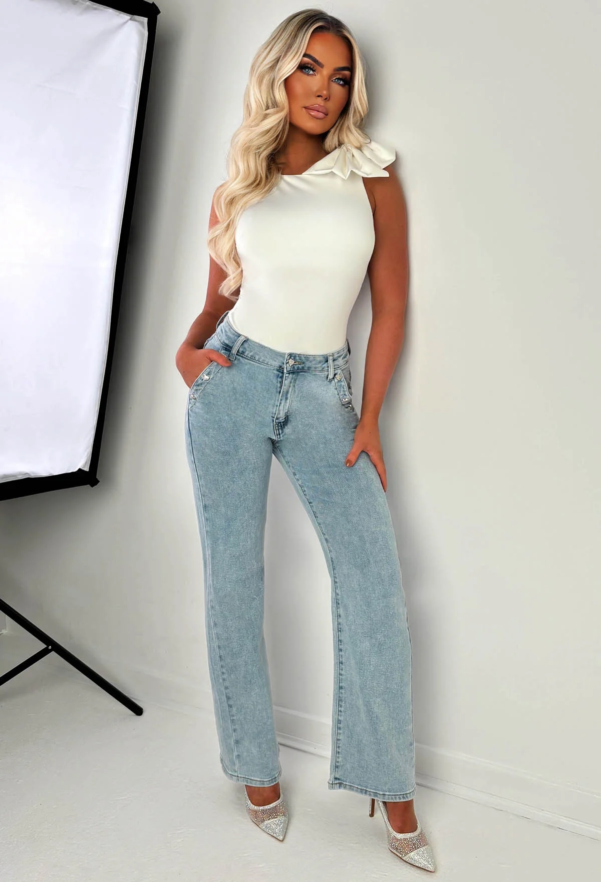 Viva Glam Light Wash Wide Leg Diamante Heart Jeans