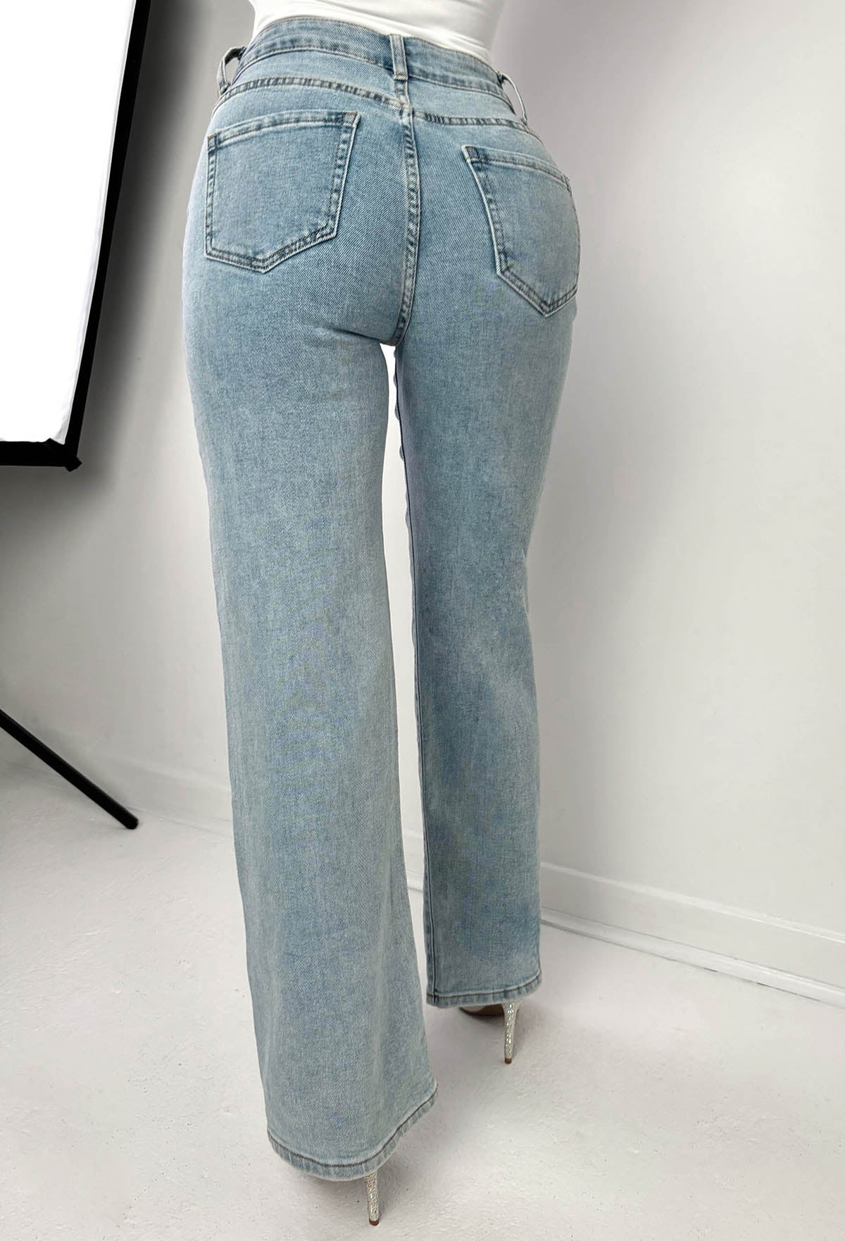 Viva Glam Light Wash Wide Leg Diamante Heart Jeans - Image 5