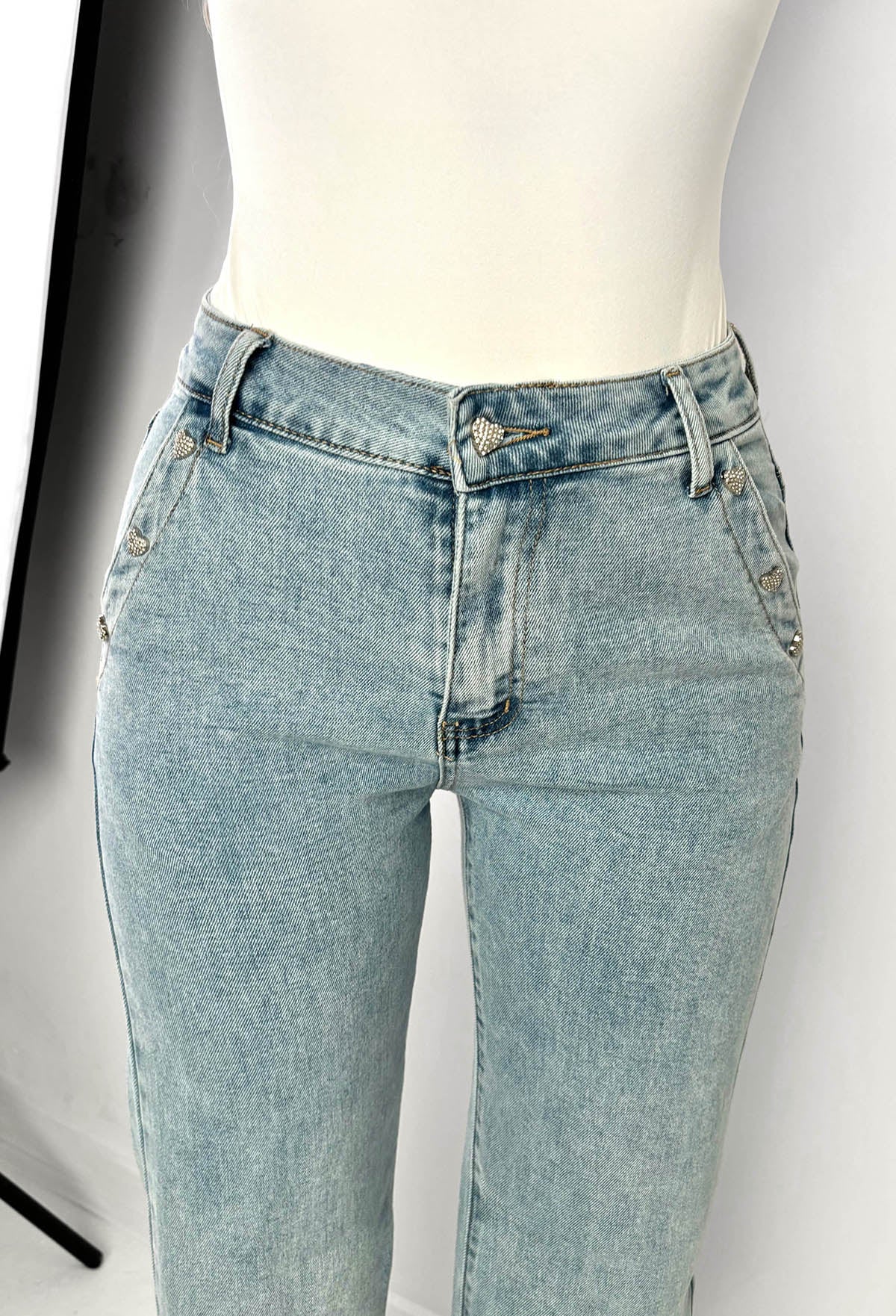 Viva Glam Light Wash Wide Leg Diamante Heart Jeans - Image 6