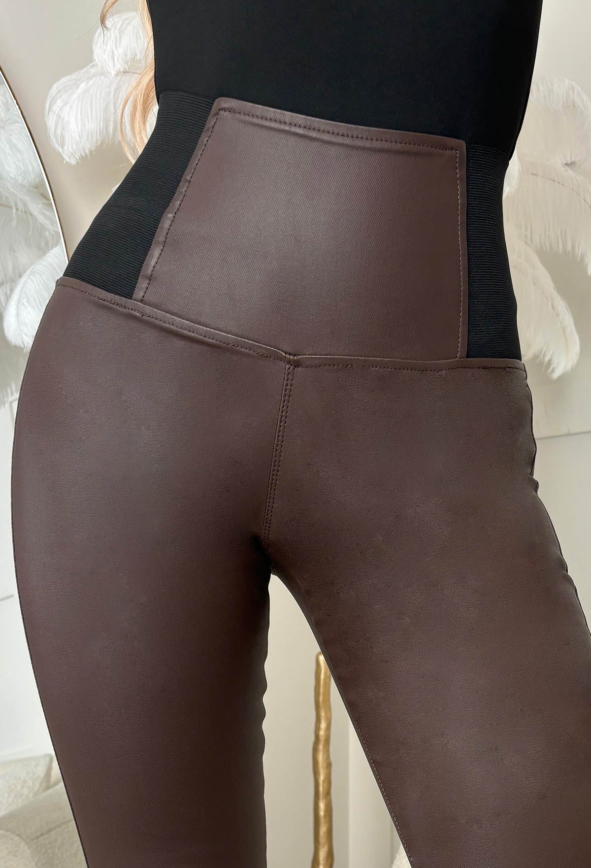Waist Cincher Brown Stretch Waist Band Coated Leggings - Image 3