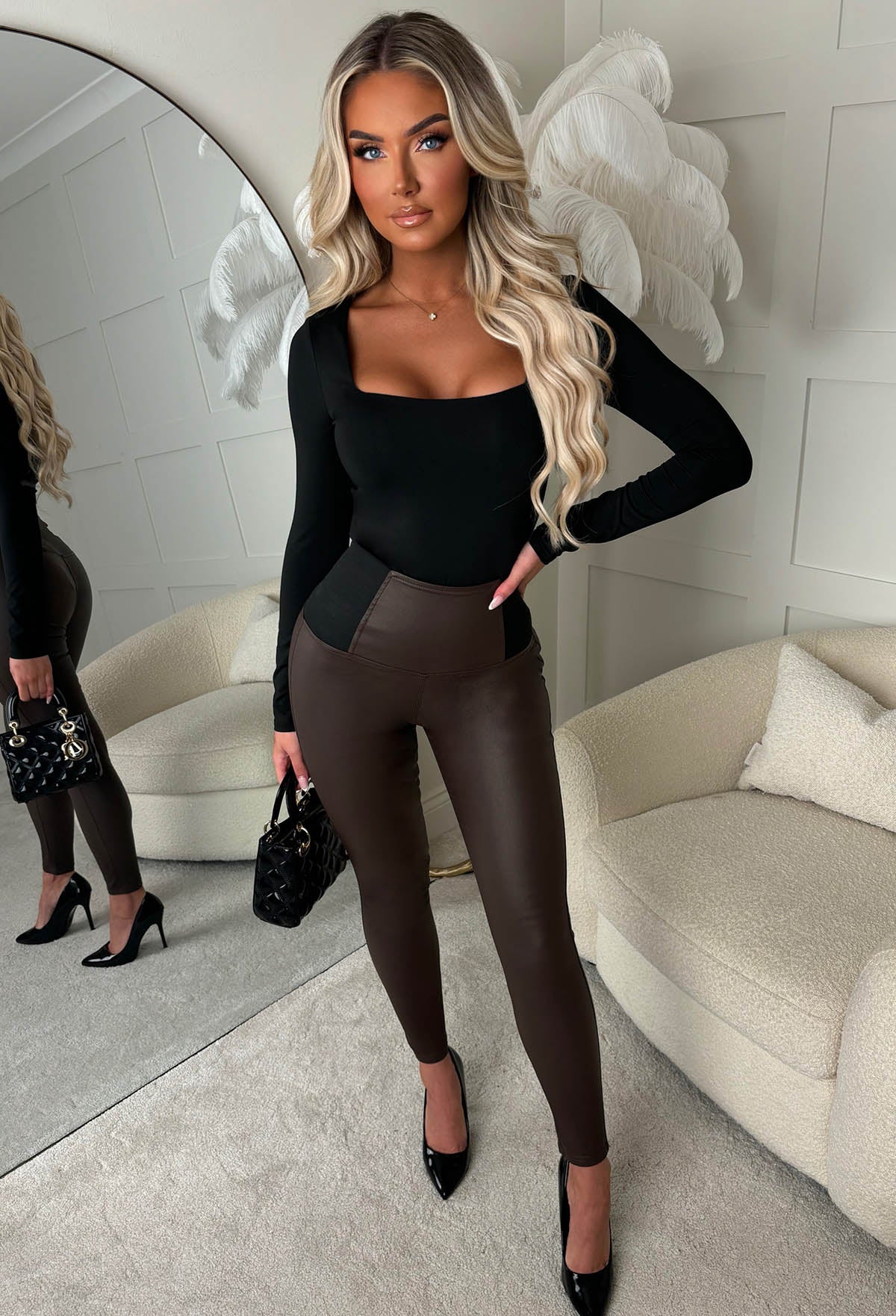 Waist Cincher Brown Stretch Waist Band Coated Leggings - Image 4