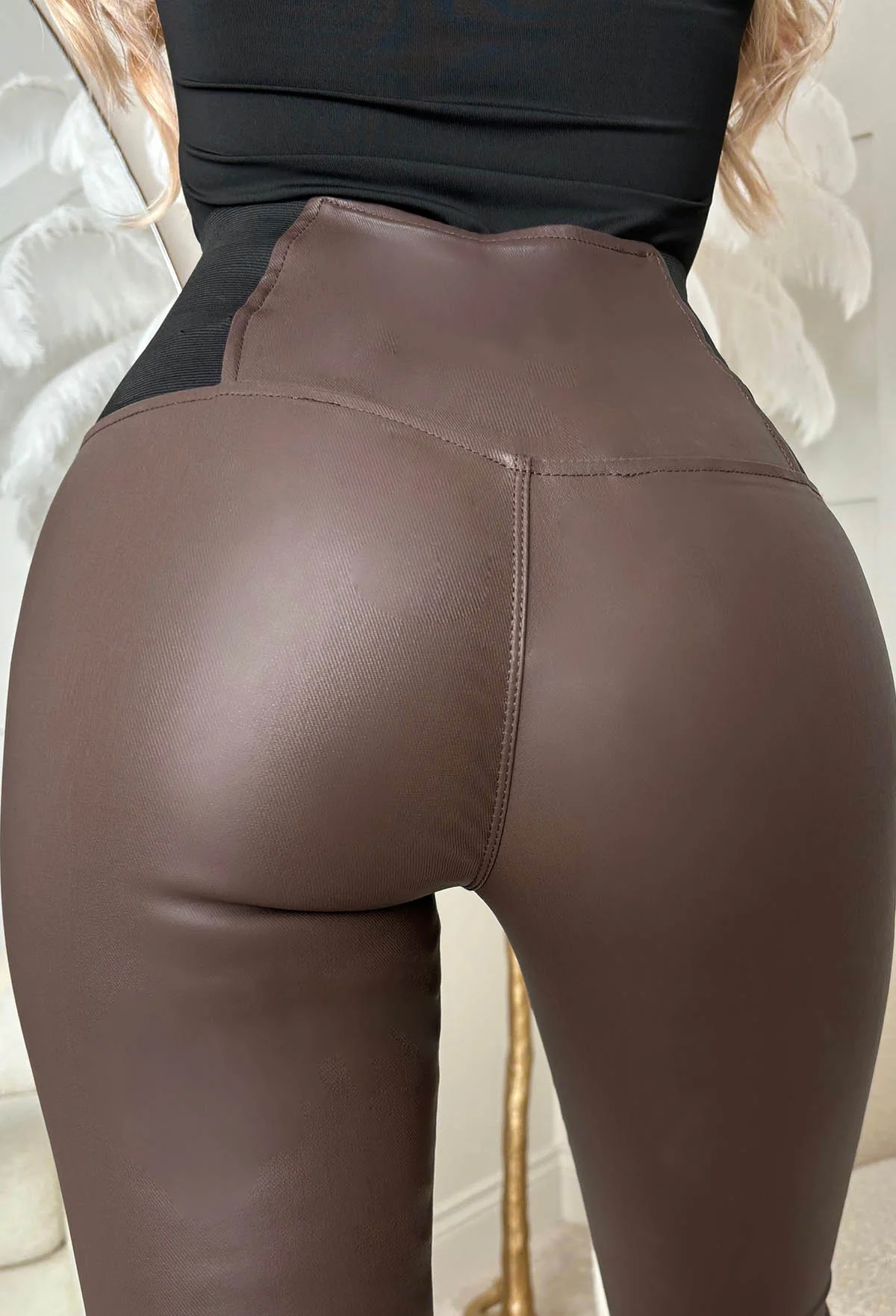 Waist Cincher Brown Stretch Waist Band Coated Leggings - Image 5