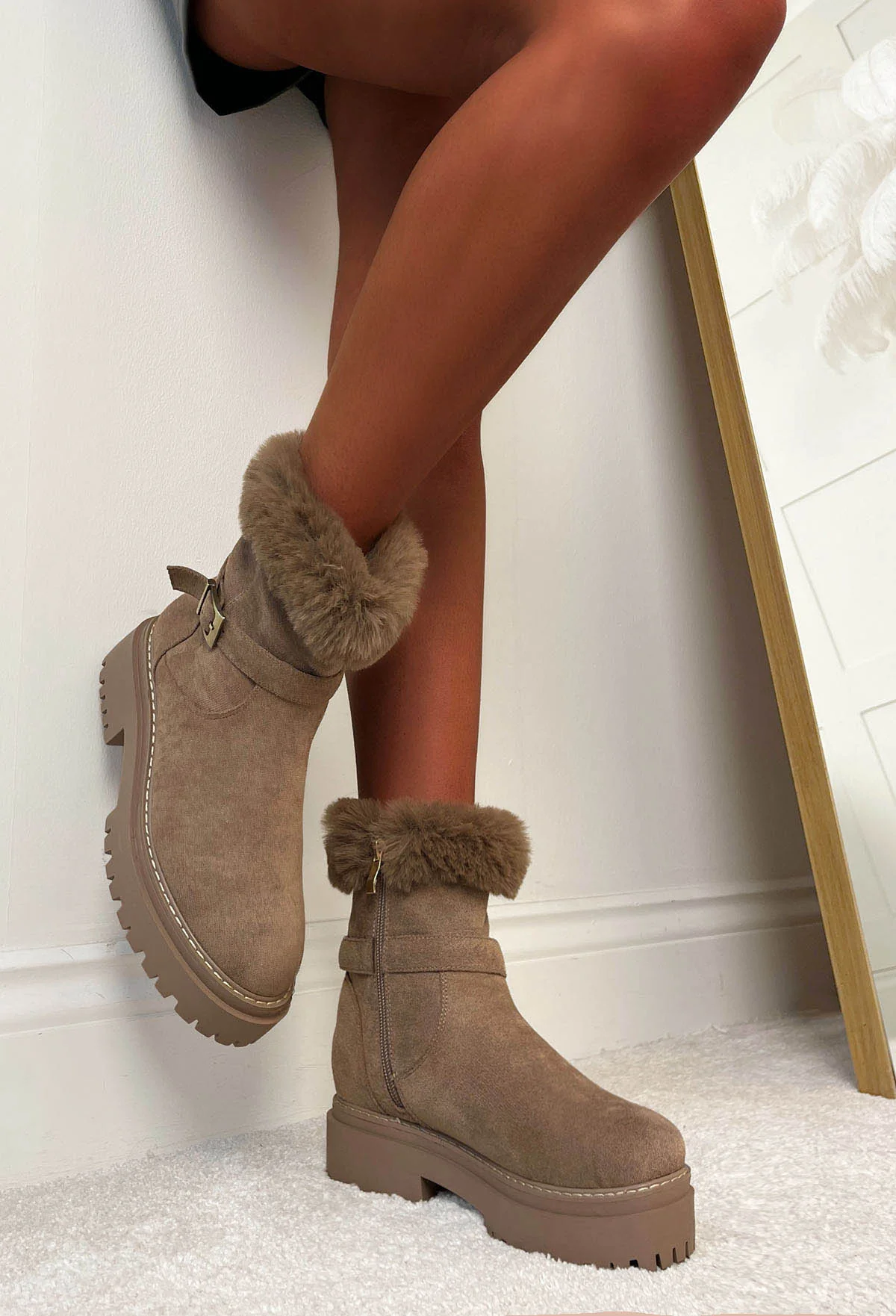 Walk On By Beige Faux Suede Chunky Strap Boots