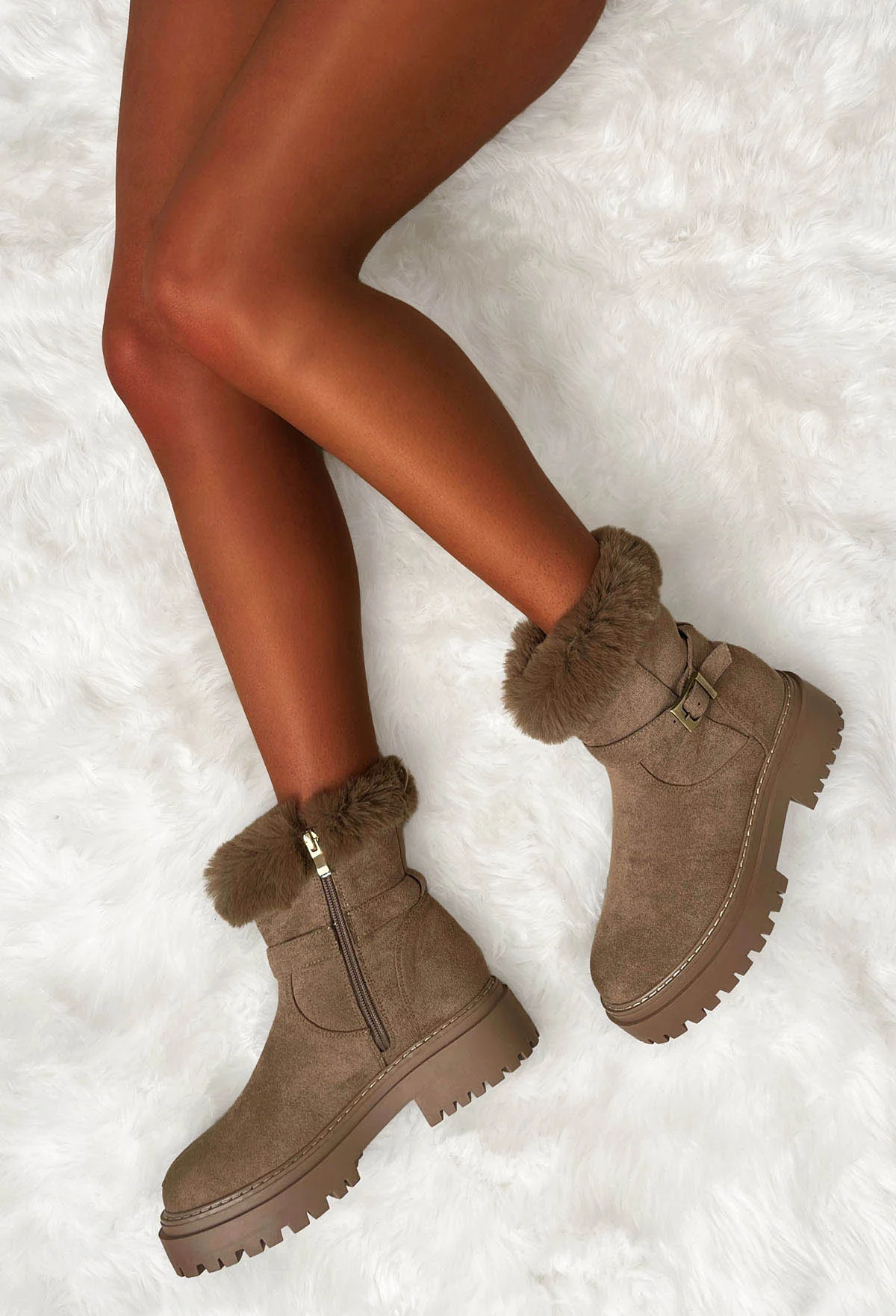 Walk On By Beige Faux Suede Chunky Strap Boots - Image 3