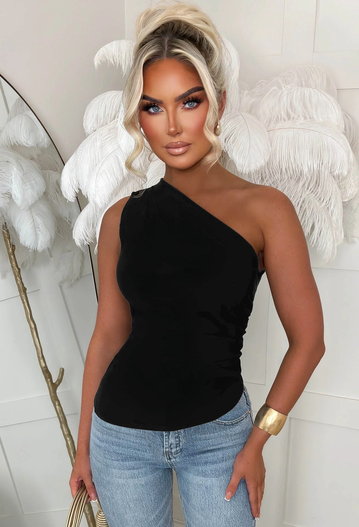 Want Her Black Bengaline One Shoulder Zip Up Top