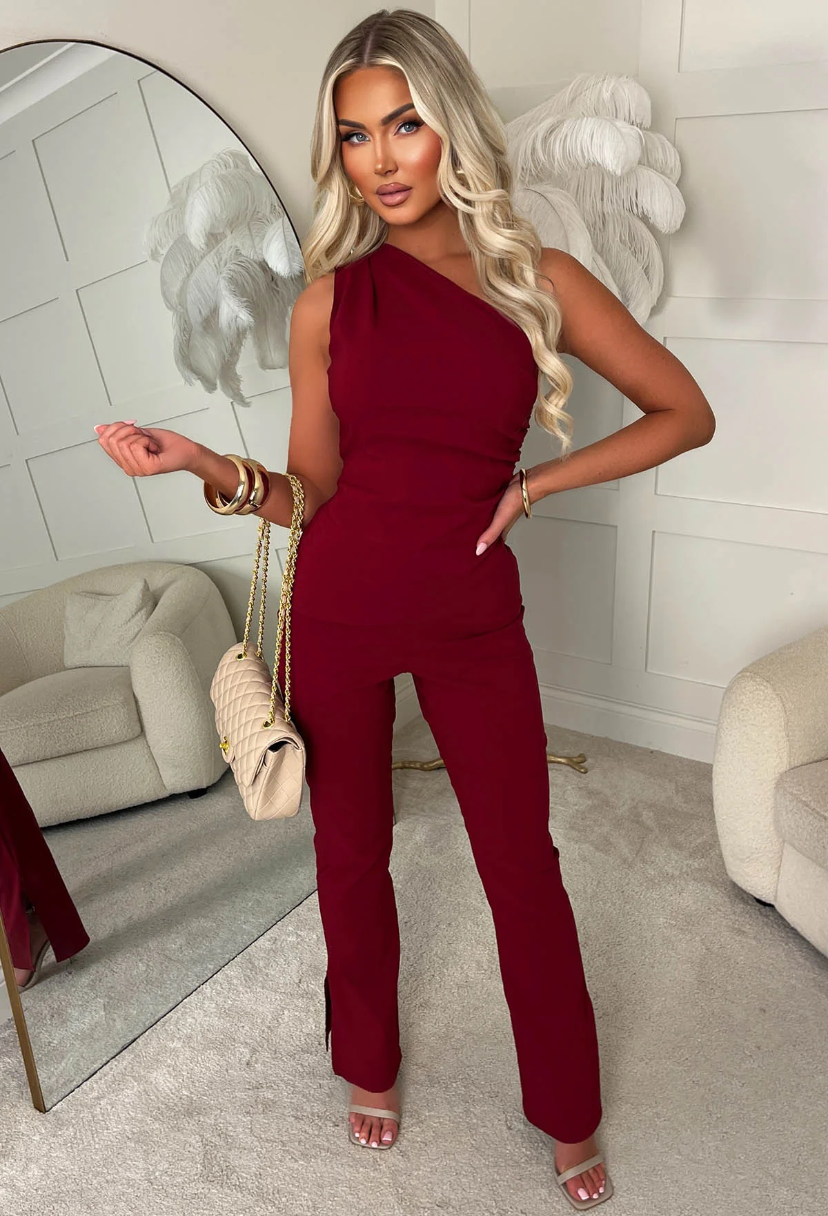 Want Her Burgundy Bengaline One Shoulder Zip Up Top - Image 4
