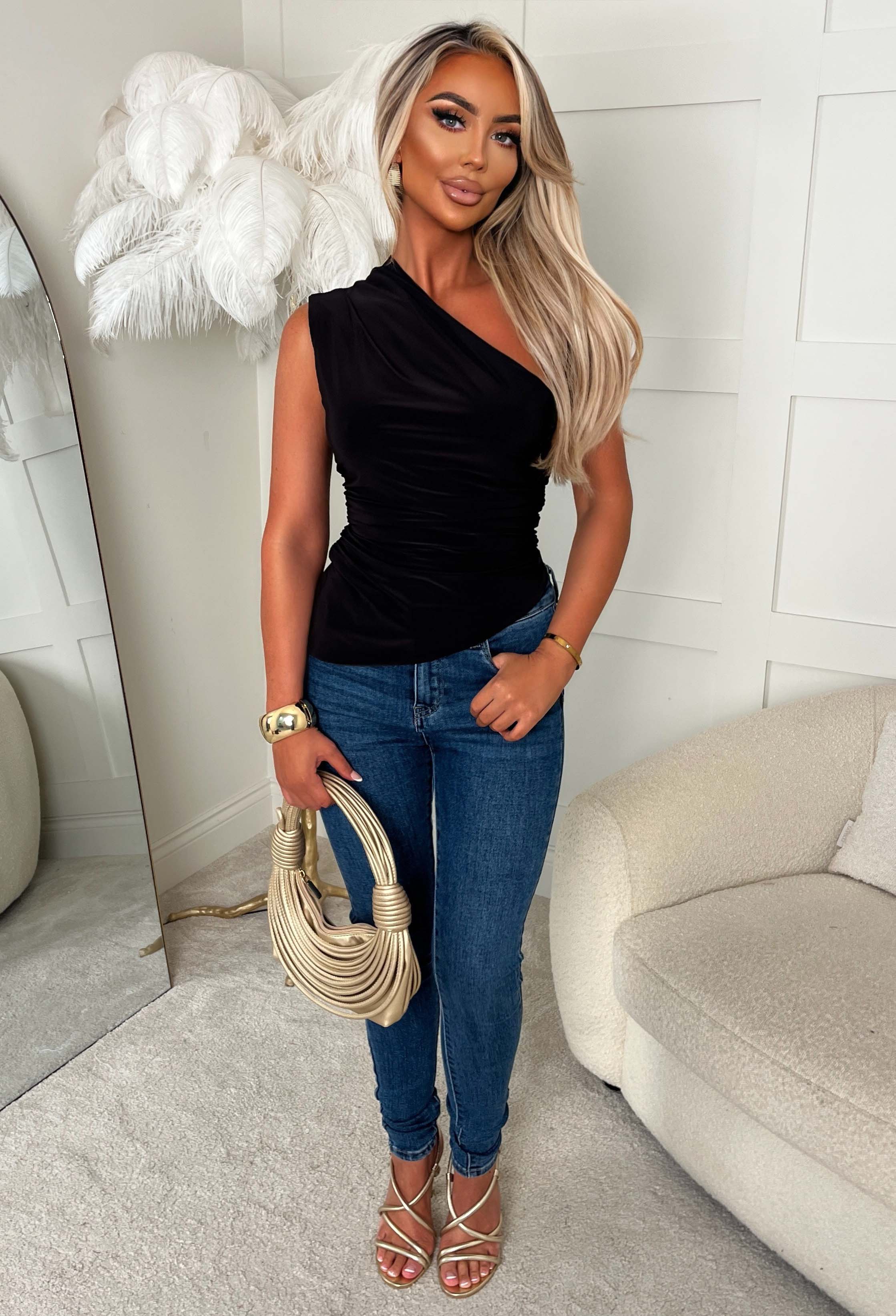 Want Her Black Jersey Ruched One Shoulder Top - Image 2