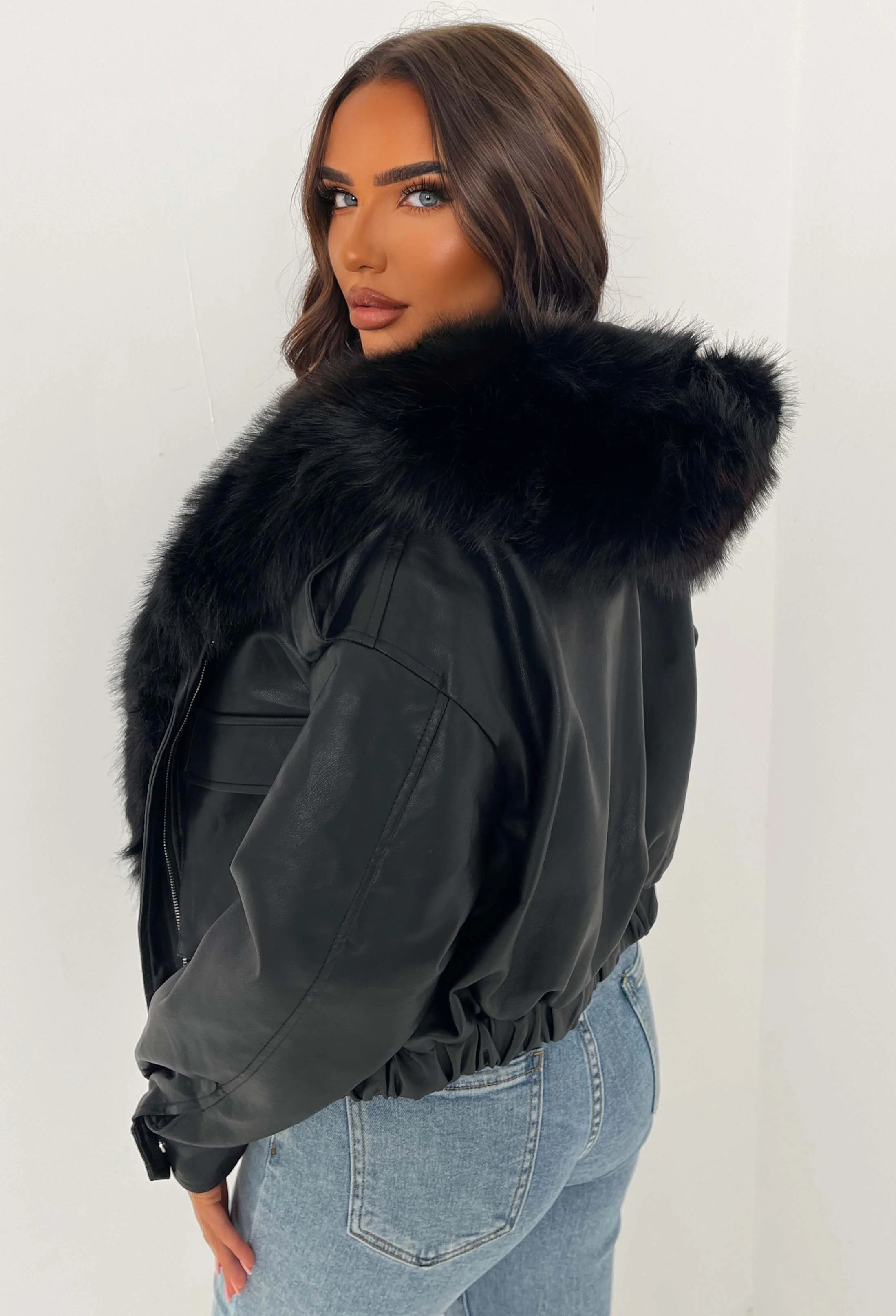 Warm Feelings Black Faux Fur Collared Faux Leather Jacket - Image 2