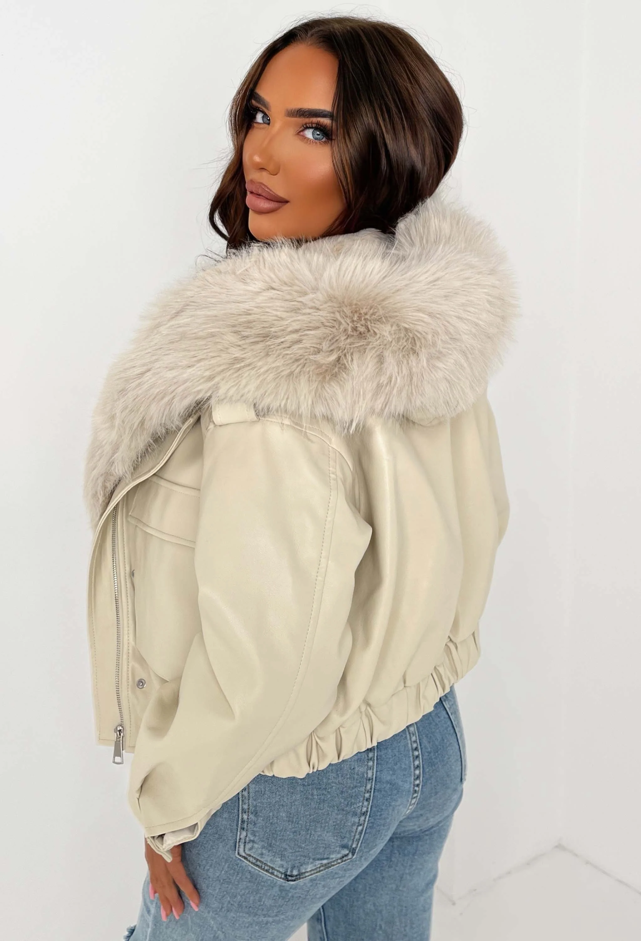 Warm Feelings Stone Faux Fur Collared Faux Leather Jacket - Image 2