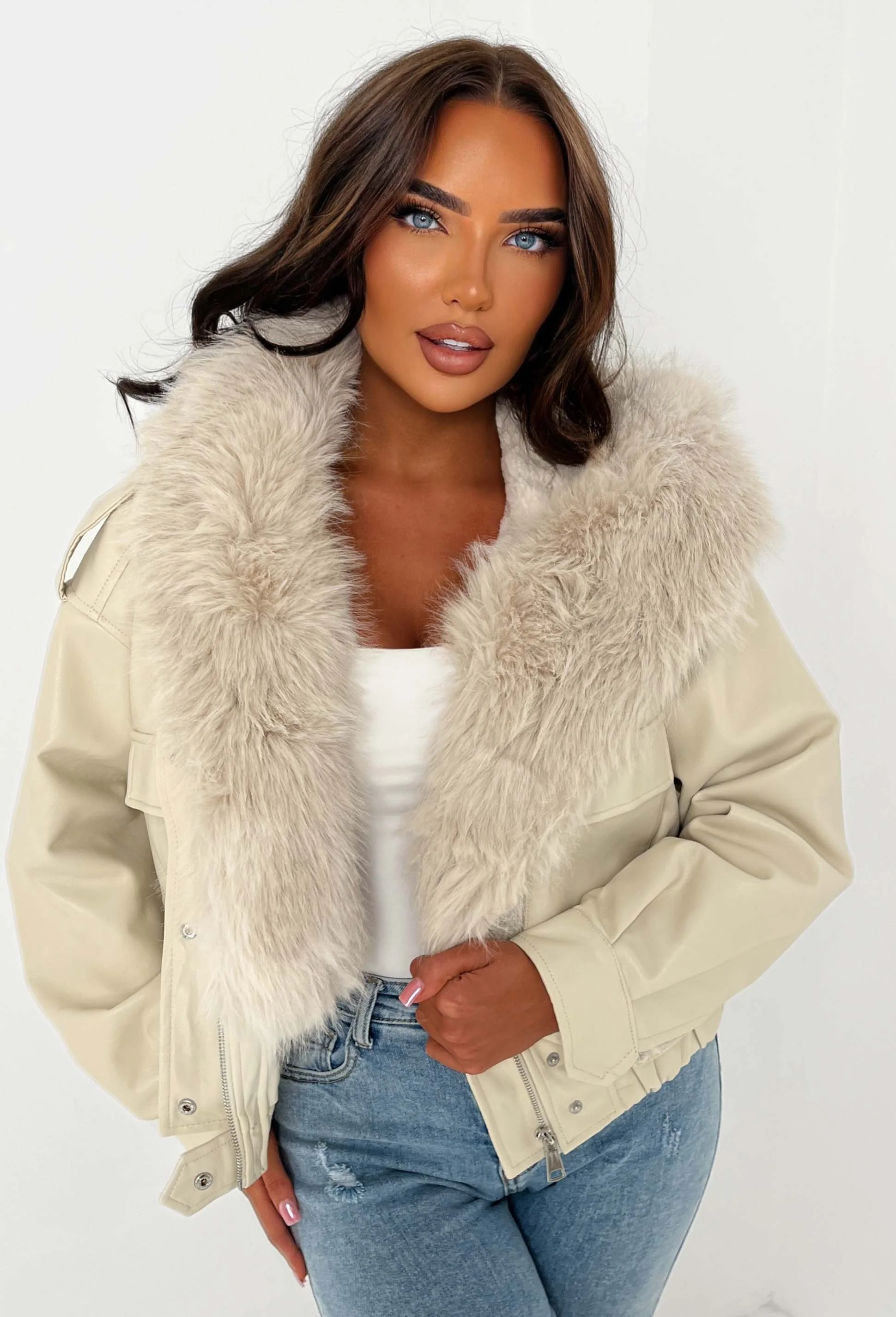 Warm Feelings Stone Faux Fur Collared Faux Leather Jacket - Image 3