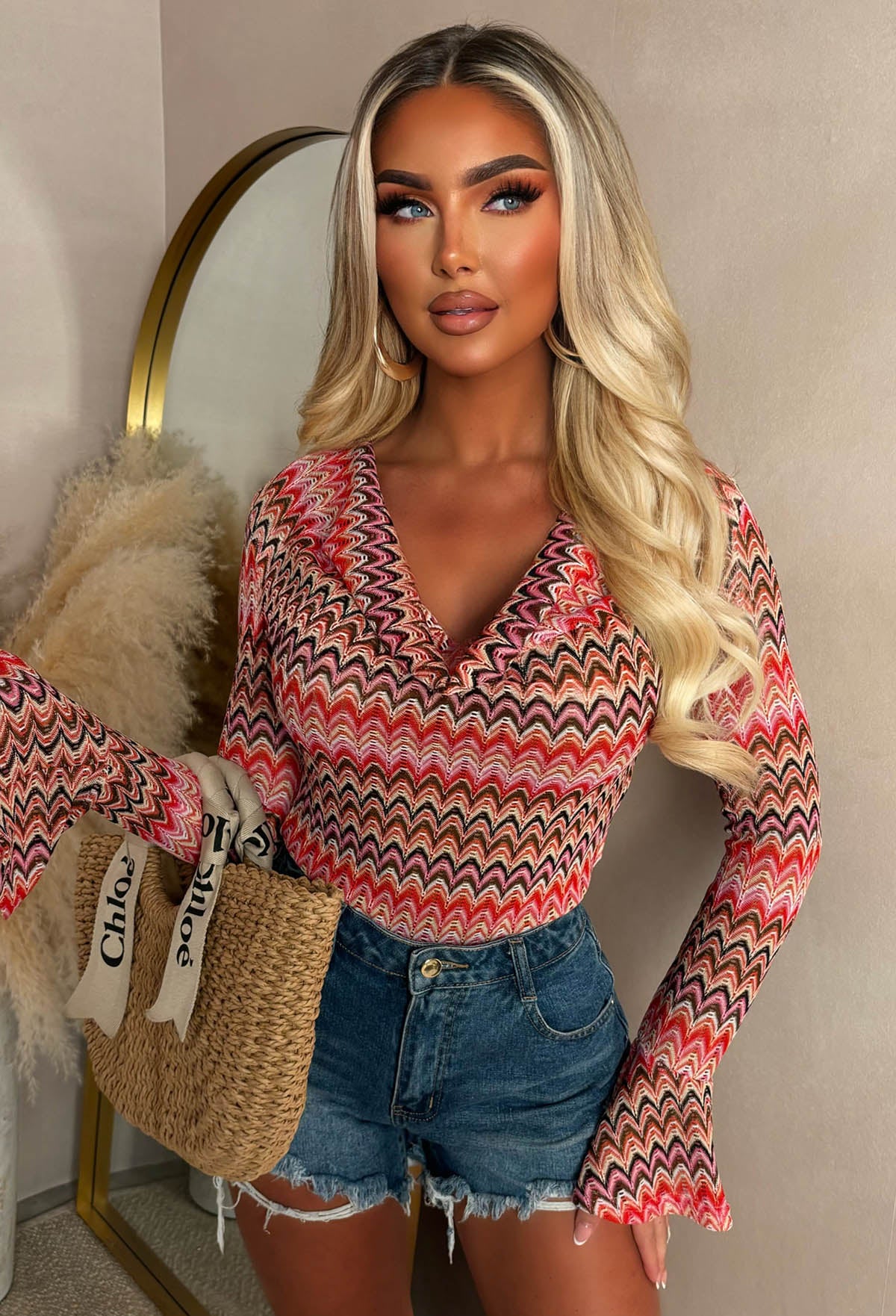 Wavy Obsession Pink Zig Zag Long Sleeve Cowl Neck Top - Image 4