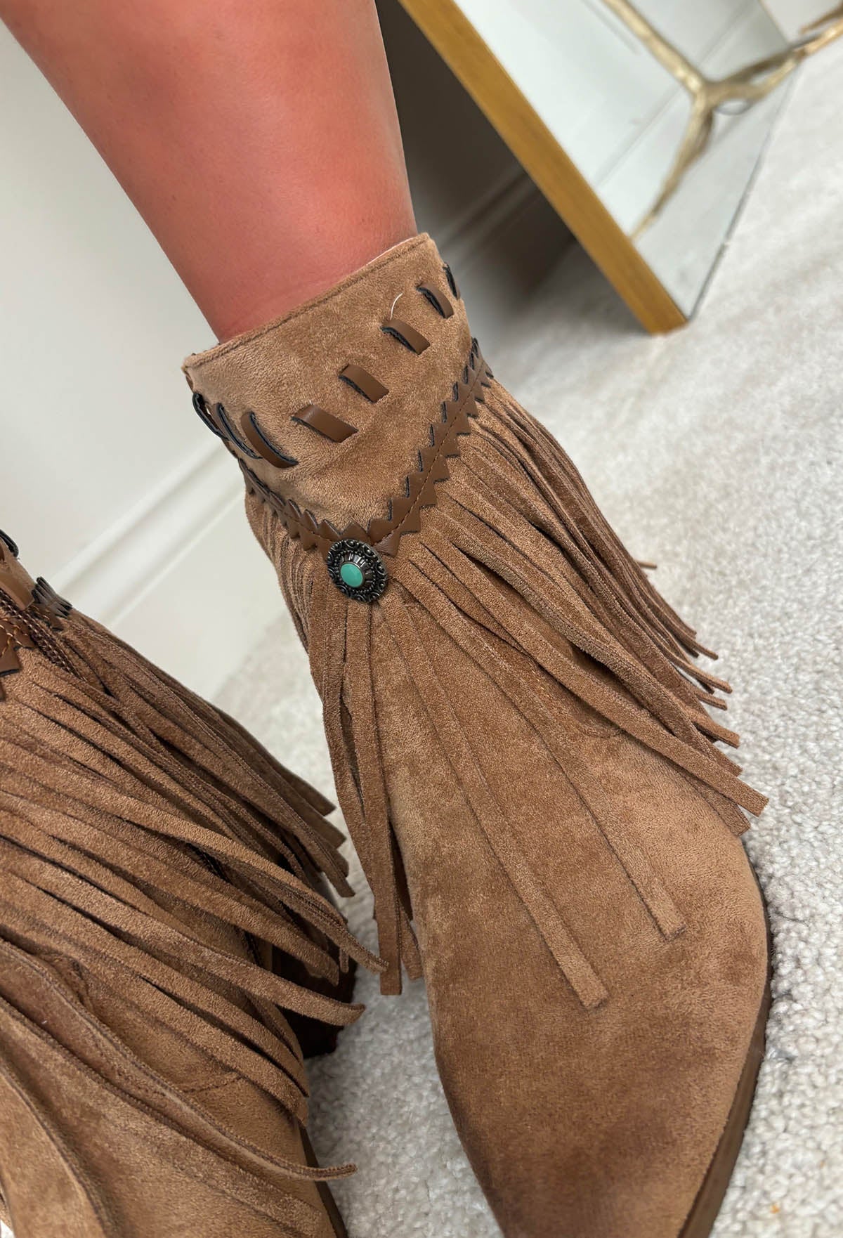 Western Sweetheart Tan Faux Suede Tassel Ankle Cowboy Boots - Image 2