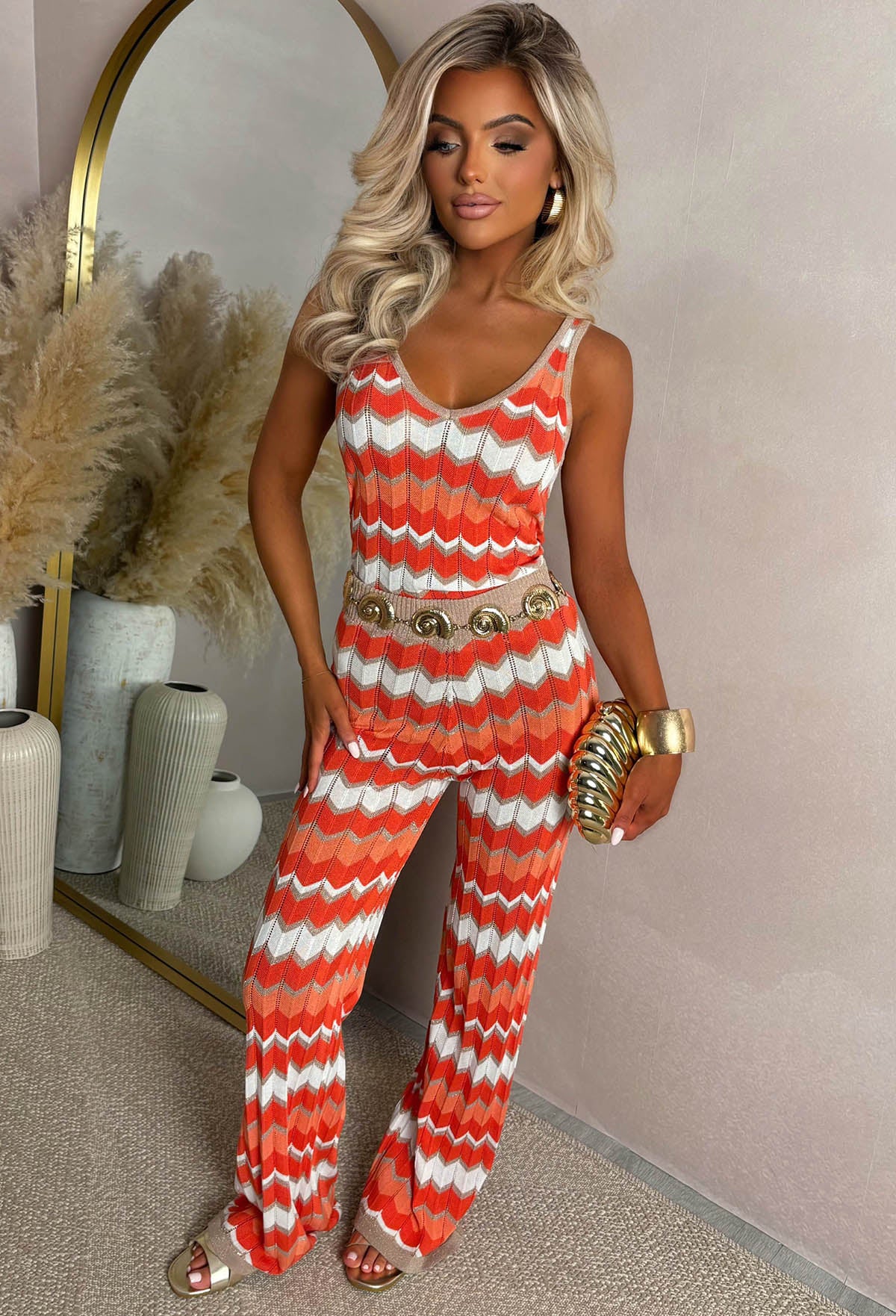 Whispering Sands Orange Knitted Zig Zag Vest Top And Trouser Co-Ord Set - Image 2