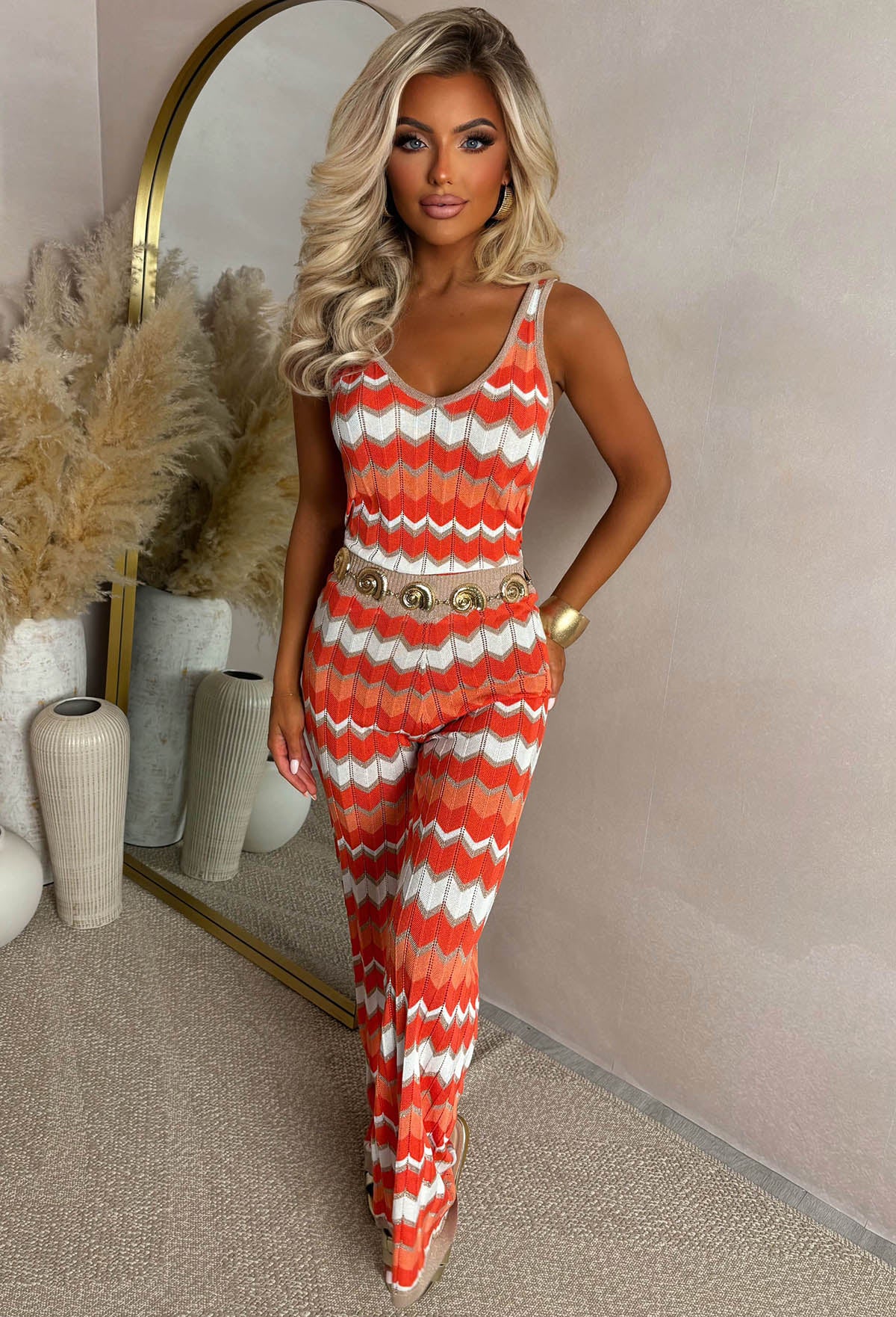 Whispering Sands Orange Knitted Zig Zag Vest Top And Trouser Co-Ord Set - Image 3