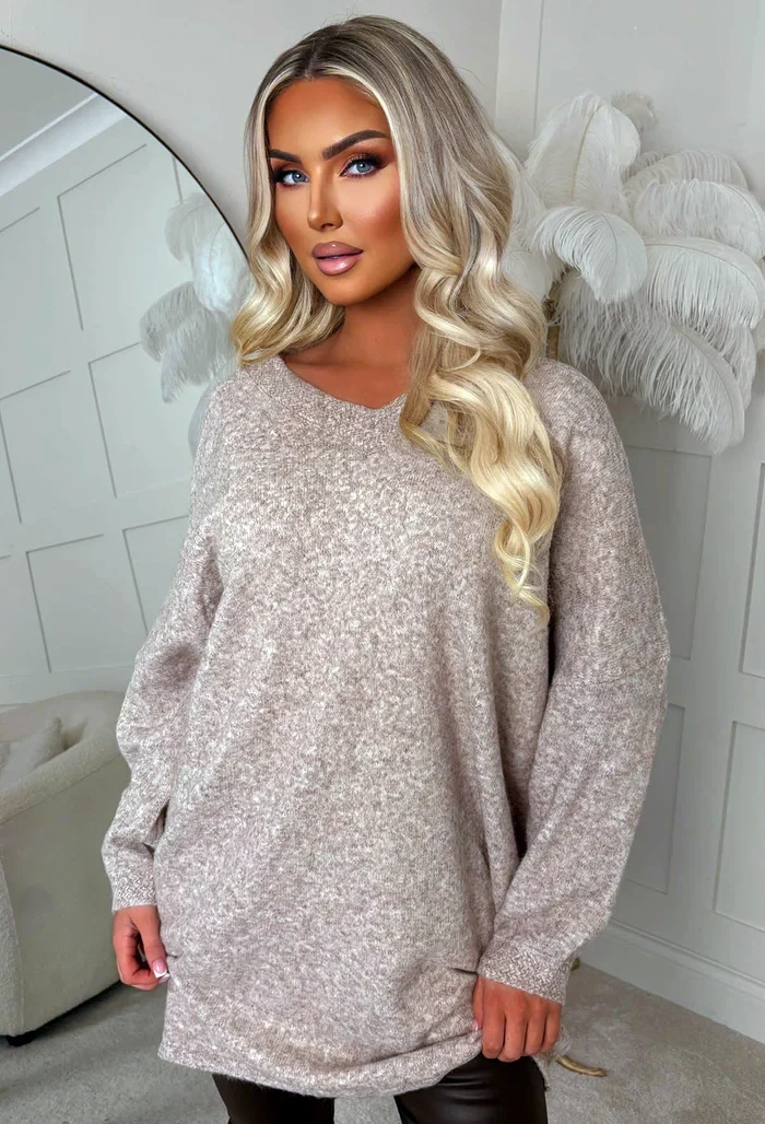 Wholesome Vibes Taupe Batwing Longline Jumper - Image 4