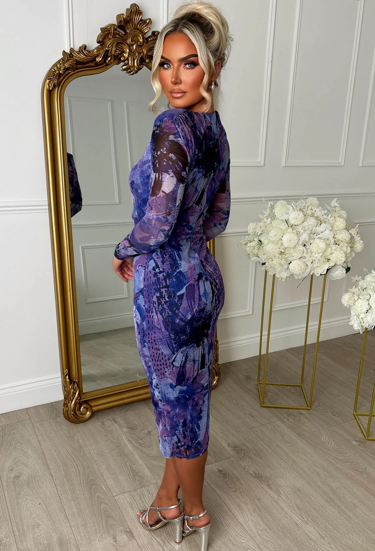 Wild & Demure Purple Mesh Long Sleeve Printed Midi Dress - Image 2