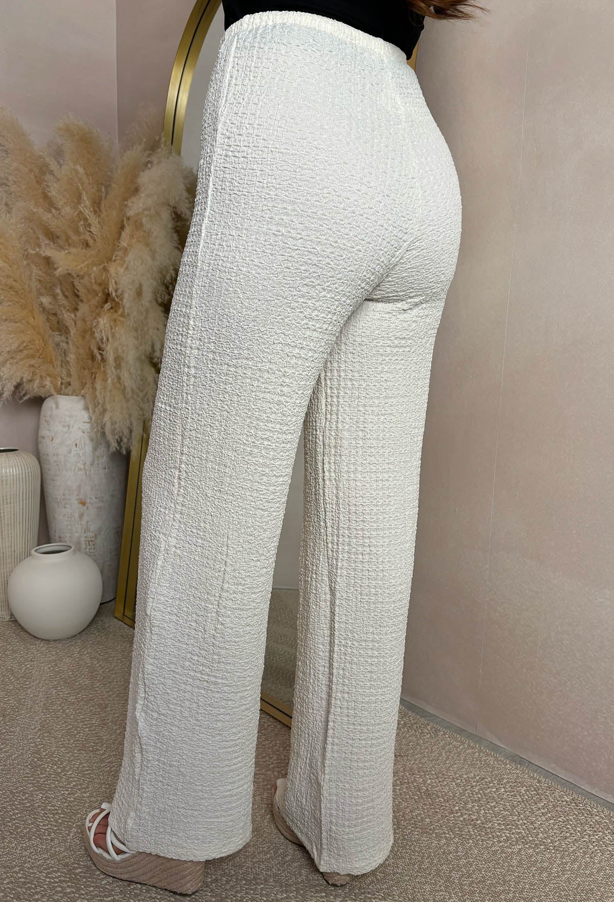 Wild Intentions Cream Textured Drawstring Straight Leg Trousers - Image 3