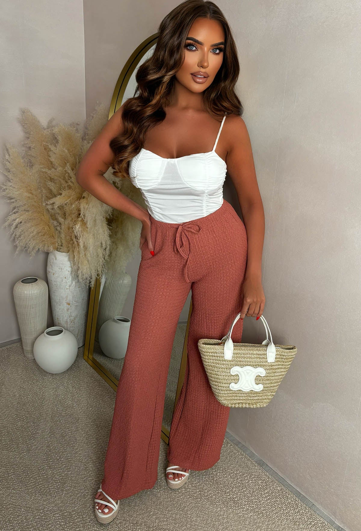 Wild Intentions Terracotta Textured Drawstring Straight Leg Trousers
