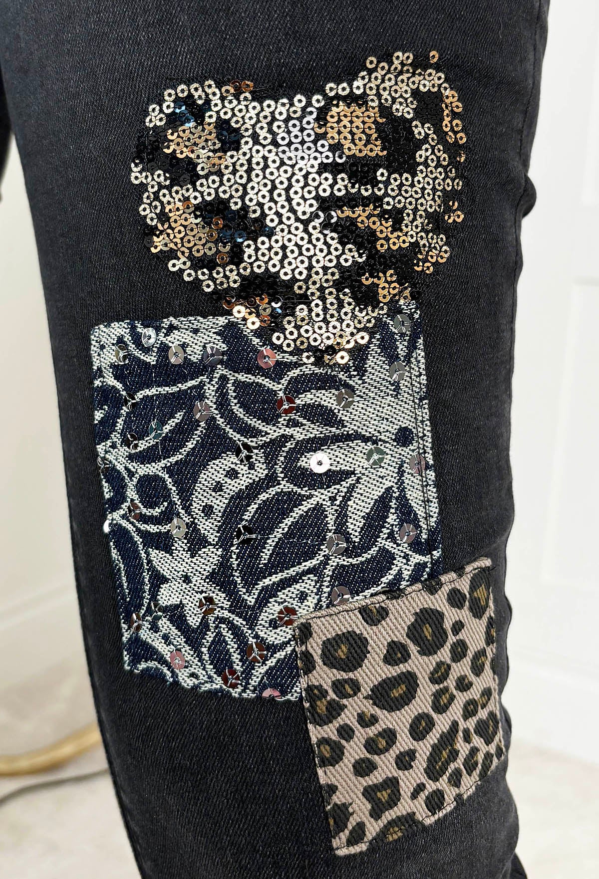 Wild Patch Black Stretch Sequin Patchwork Leopard Jeans - Image 2