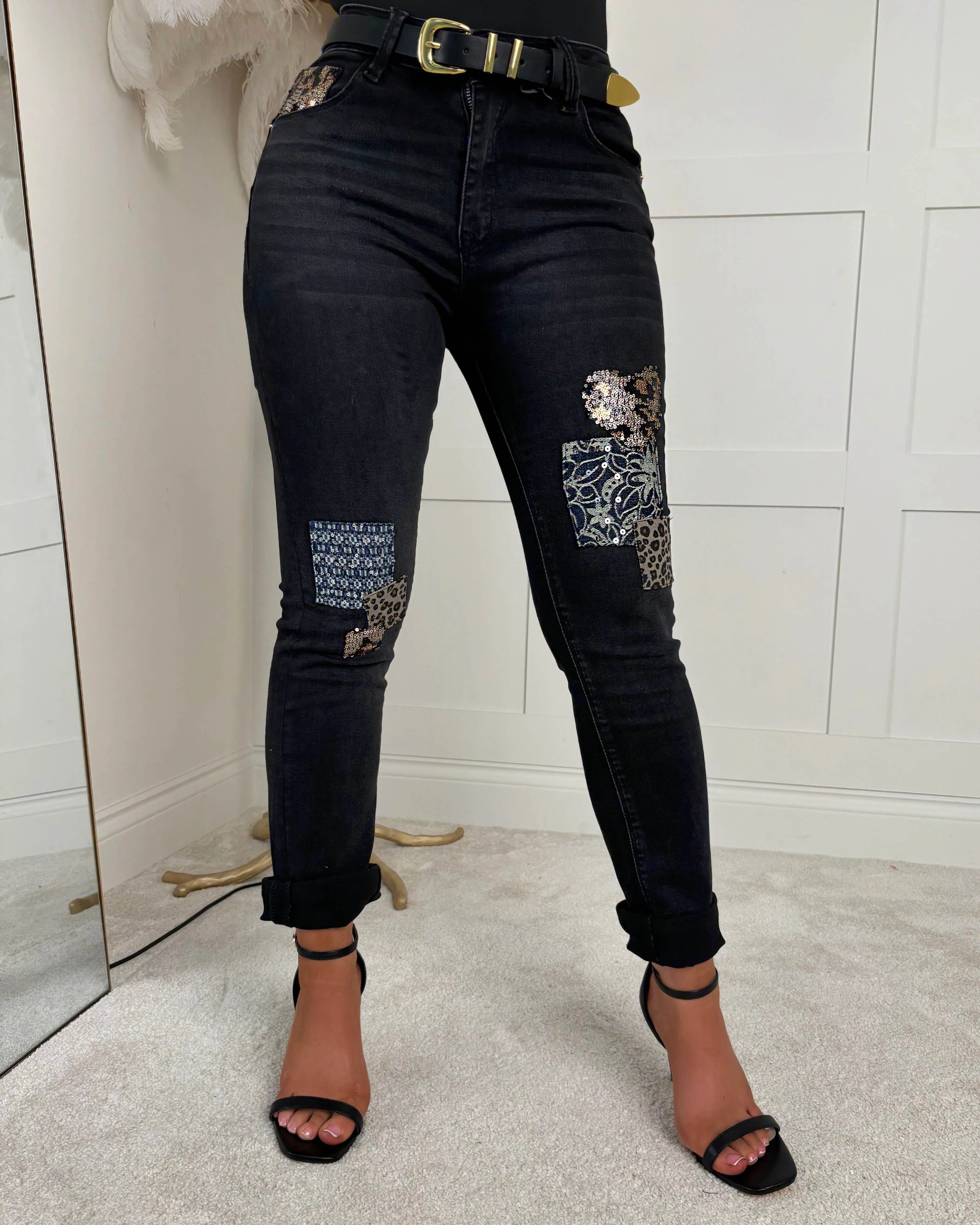 Wild Patch Black Stretch Sequin Patchwork Leopard Jeans - Image 4